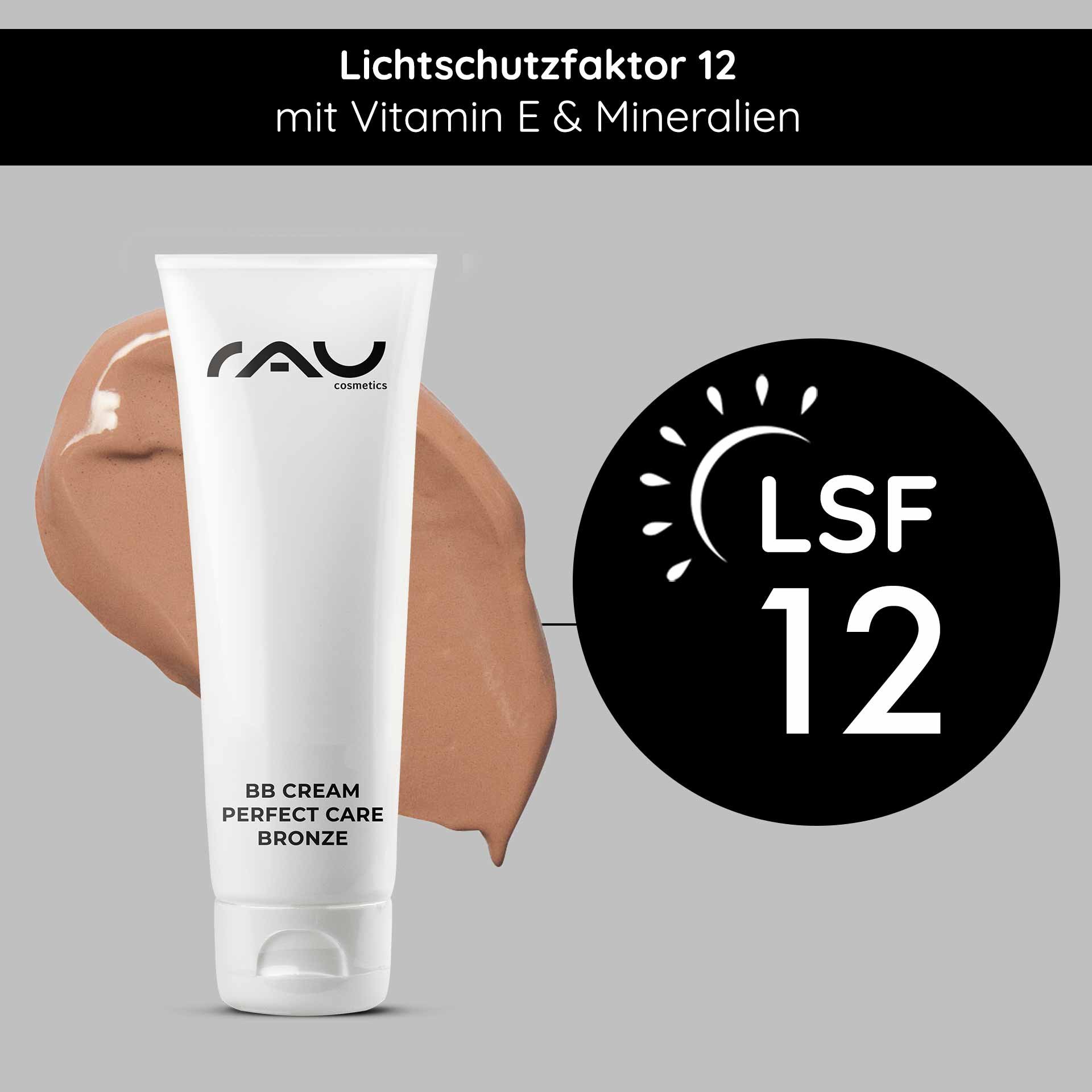 BB Cream Perfect Care Bronze von RAU Cosmetics, LSF 12, mit cremiger Textur und den Vorteilen von Vitamin E und Mineralien, entwickelt für einen strahlenden Teint.