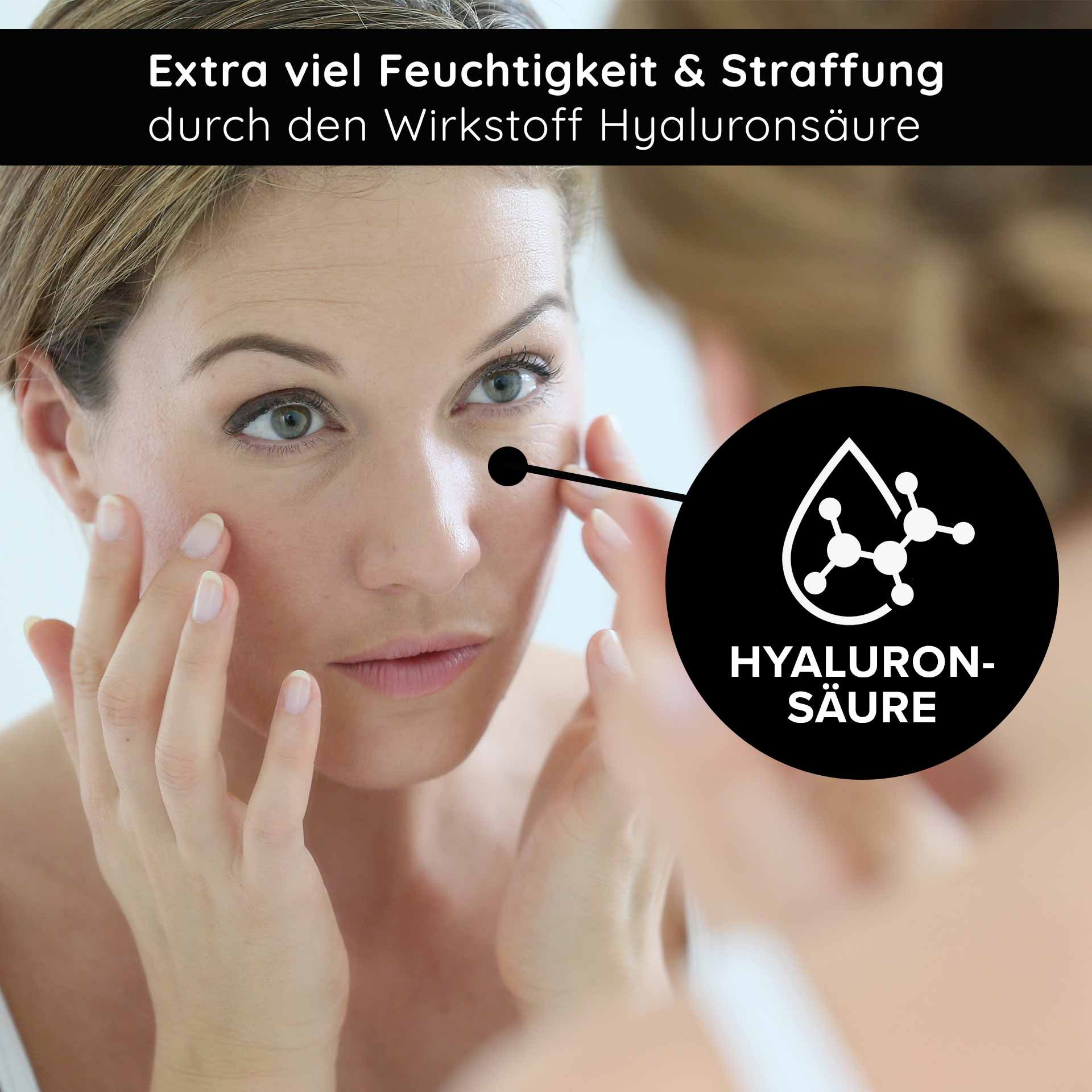 Woman with gentle skincare application, emphasizing hyaluronic acid for additional moisture and firming, in the context of anti-aging and skincare.