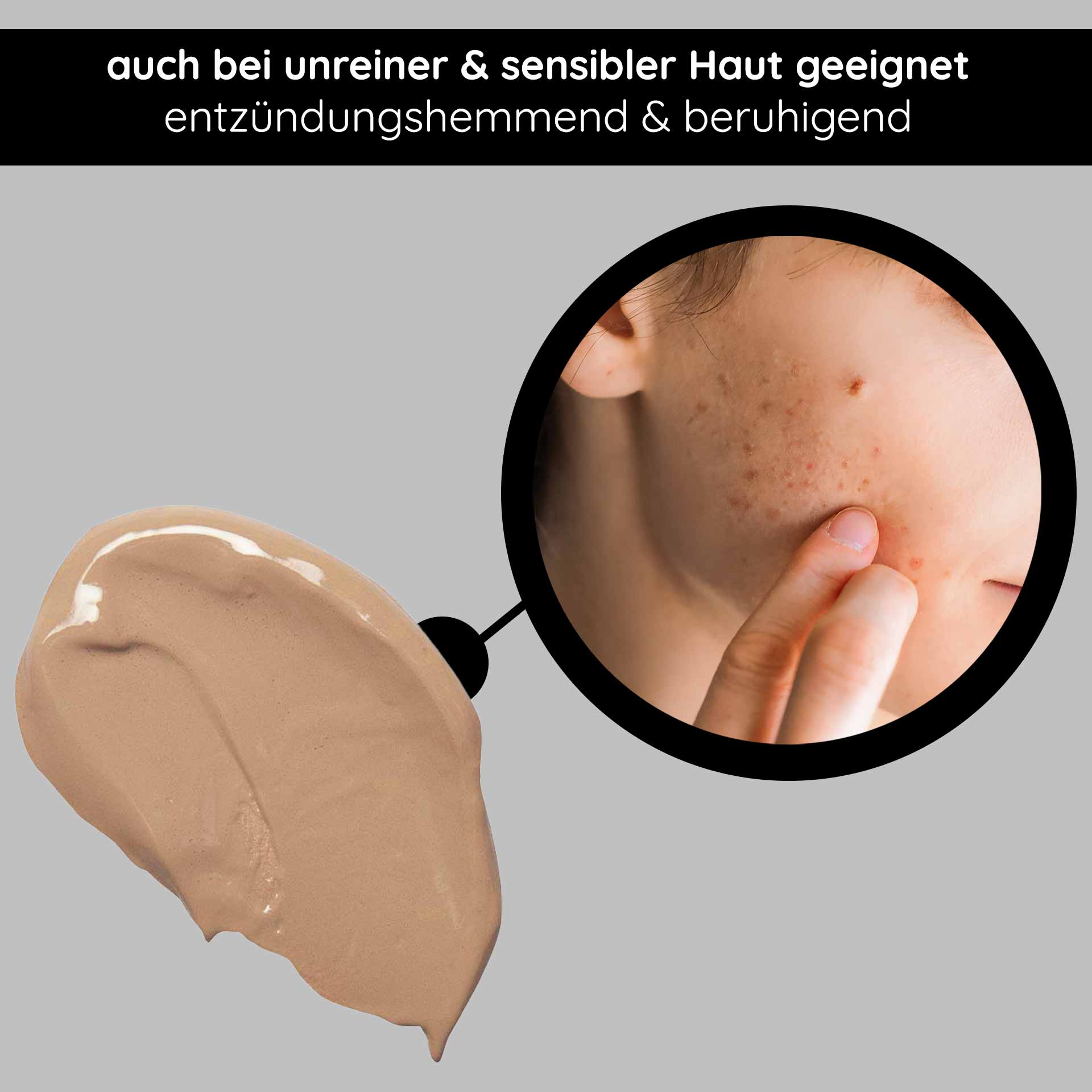 BB Cream Perfect Care Natural 75 ml SPF 12 Make-up & Pflege BB-Creme-Muster, geeignet für unreine und empfindliche Haut, mit Betonung der beruhigenden und entzündungshemmenden Eigenschaften und einer Nahaufnahme der Haut mit Unreinheiten.