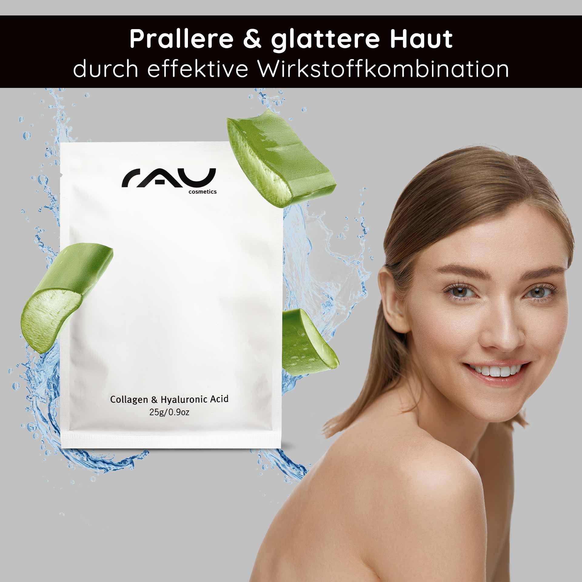 Packaging of a face mask made of collagen and hyaluronic acid with aloe vera elements and a smiling woman presenting healthy skin and emphasizing hydration and anti-aging benefits.