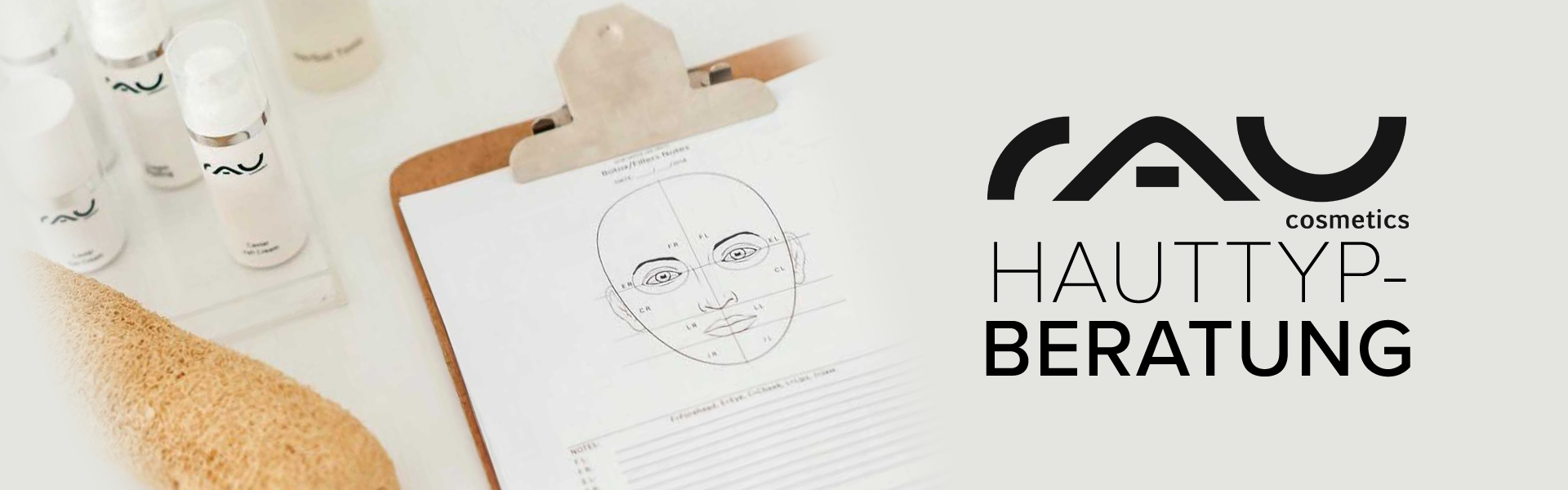 RAU Cosmetics Hauttypberatung-Banner mit Hautpflegeprodukten und einem Beratungsformular für eine individuelle Hauttypberatung.