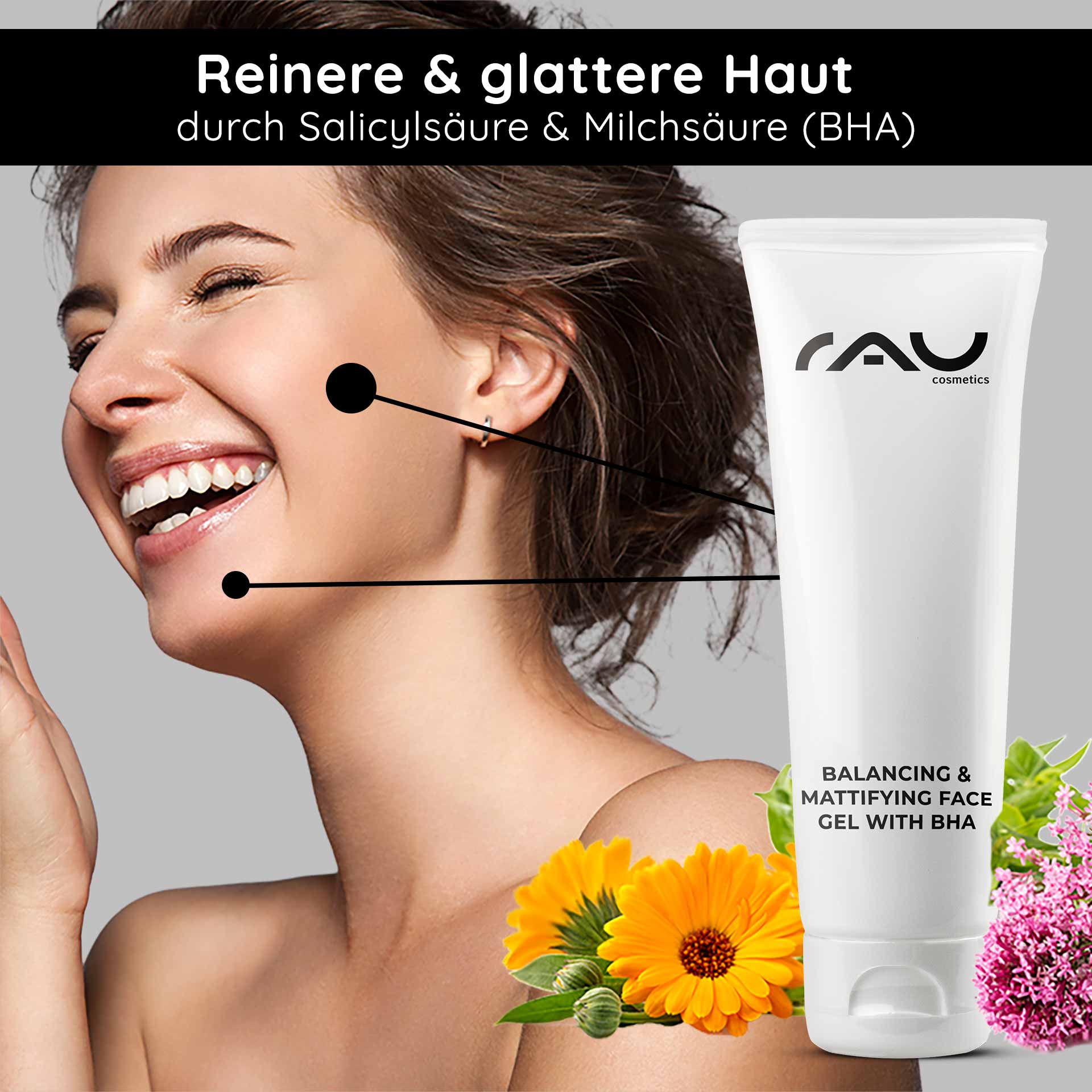 Powerset für unreine Haut, fettige Haut, Entzündungen, Pickel, Juckreiz Frau mit strahlendem Lächeln und glatter Haut, präsentiert RAU Balancing & Mattifying Gel mit BHA, umgeben von Pflanzenmotiven, die natürliche Inhaltsstoffe betonen.