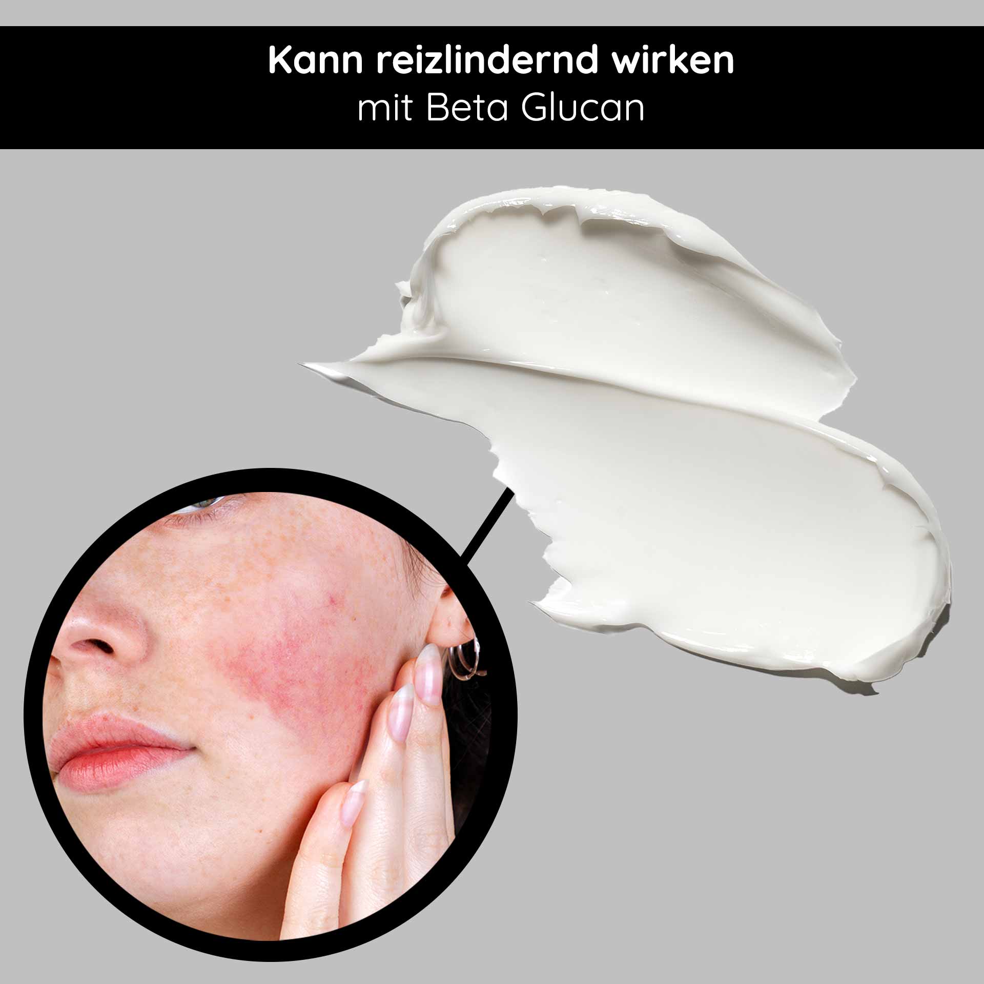 Beta Glucan Recovery Mask 50 ml Beta Glucan & Panthenol RAU Cosmetics Beta Glucan Recovery Mask mit beruhigenden Eigenschaften, gezeigt mit einem Model, das seine Haut berührt und die Vorteile bei der Linderung von Reizungen und Entzündungen veranschaulicht.