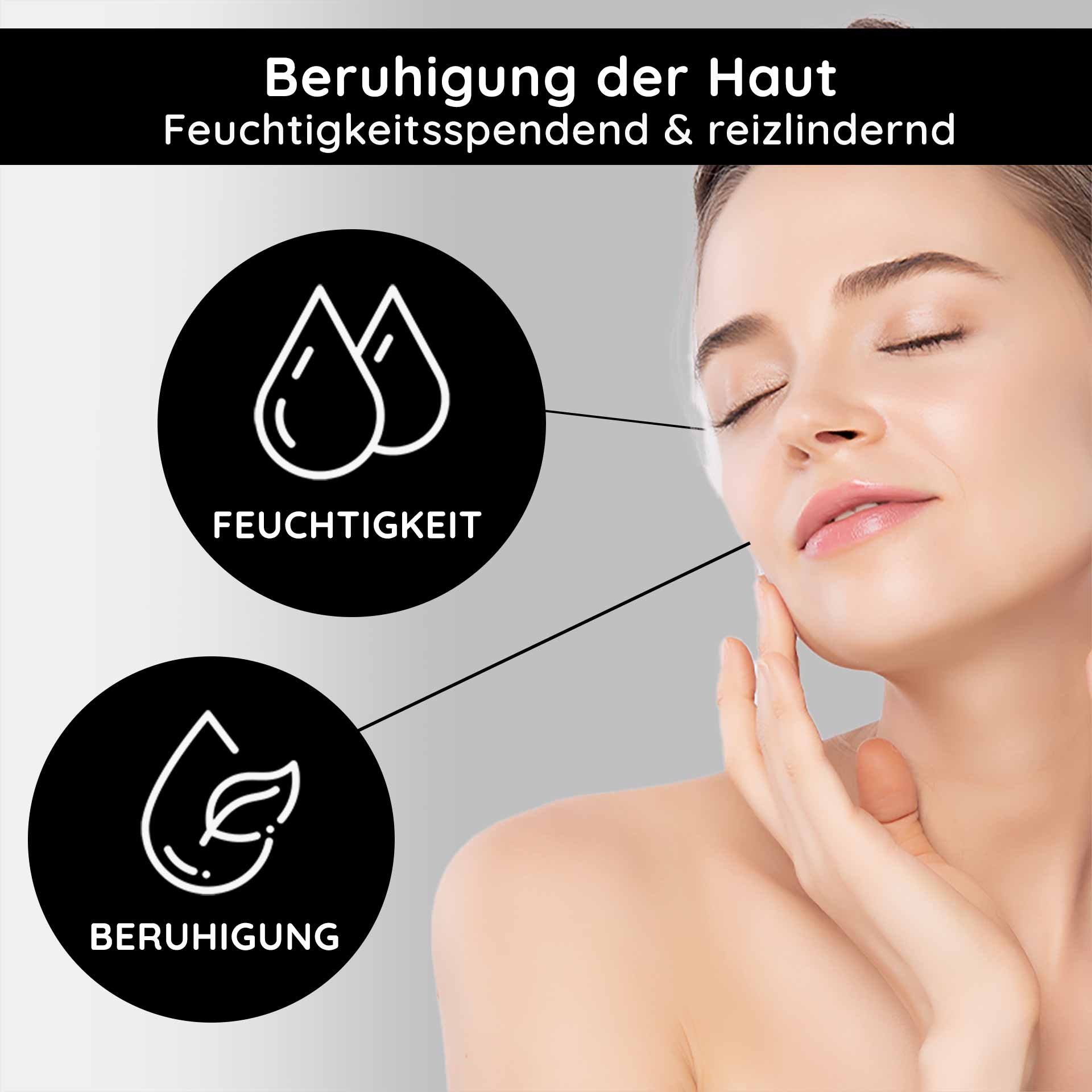 Apaisement de la peau avec des propriétés hydratantes et anti-irritantes, représentation d'une femme touchant doucement son visage, entourée de symboles d'hydratation et d'apaisement.