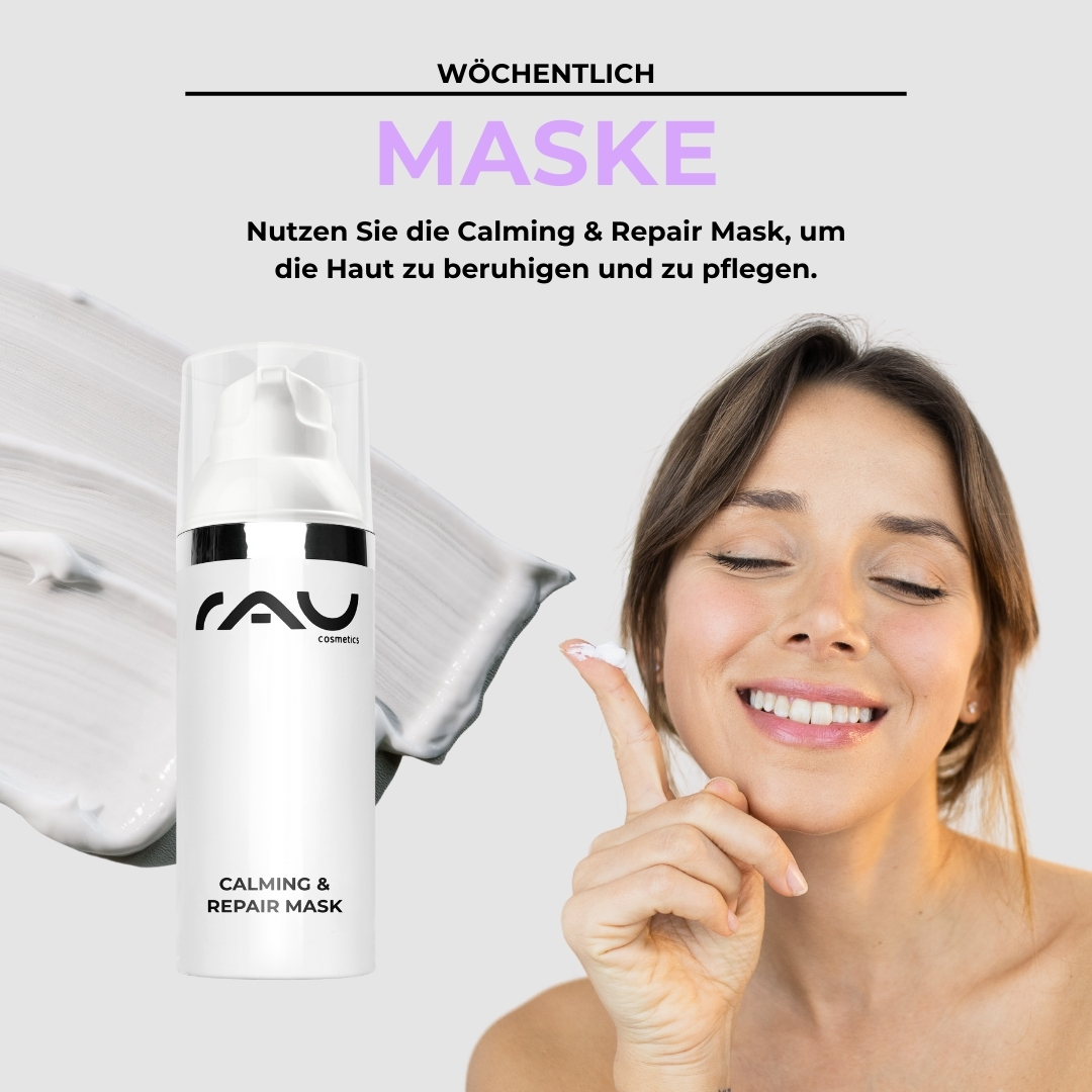 Profi Pflegeroutine für sensible Haut Calming & Repair Mask von RAU Cosmetics, Frau lächelt und cremt sich ein, Hautpflegeroutine für empfindliche Haut.