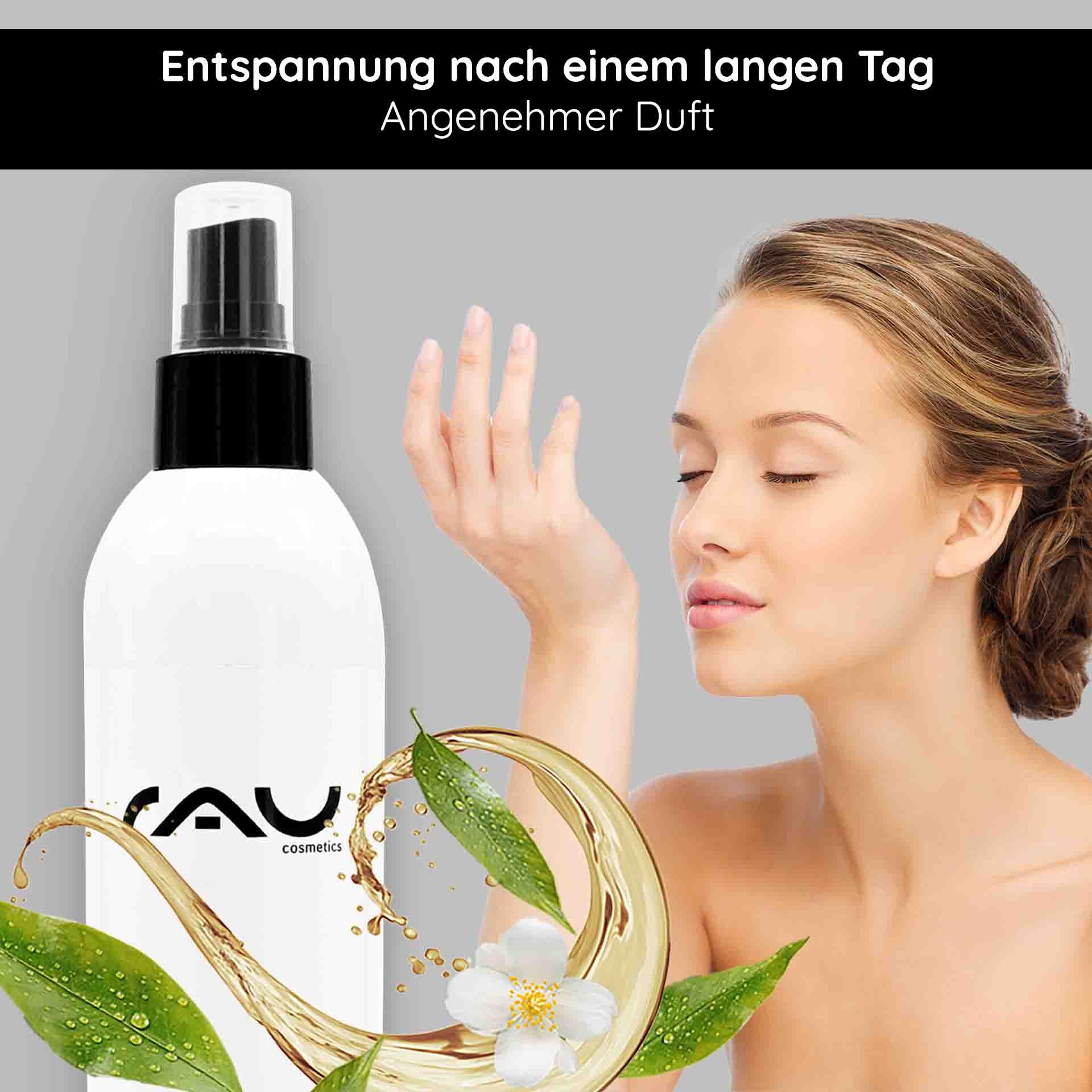 Duschgel von RAU Cosmetics mit weißem Tee und Zuckerrüben-Extrakt, 250ml Flasche, entspannende Anwendung, feuchtigkeitsspendend und hautfreundlich.