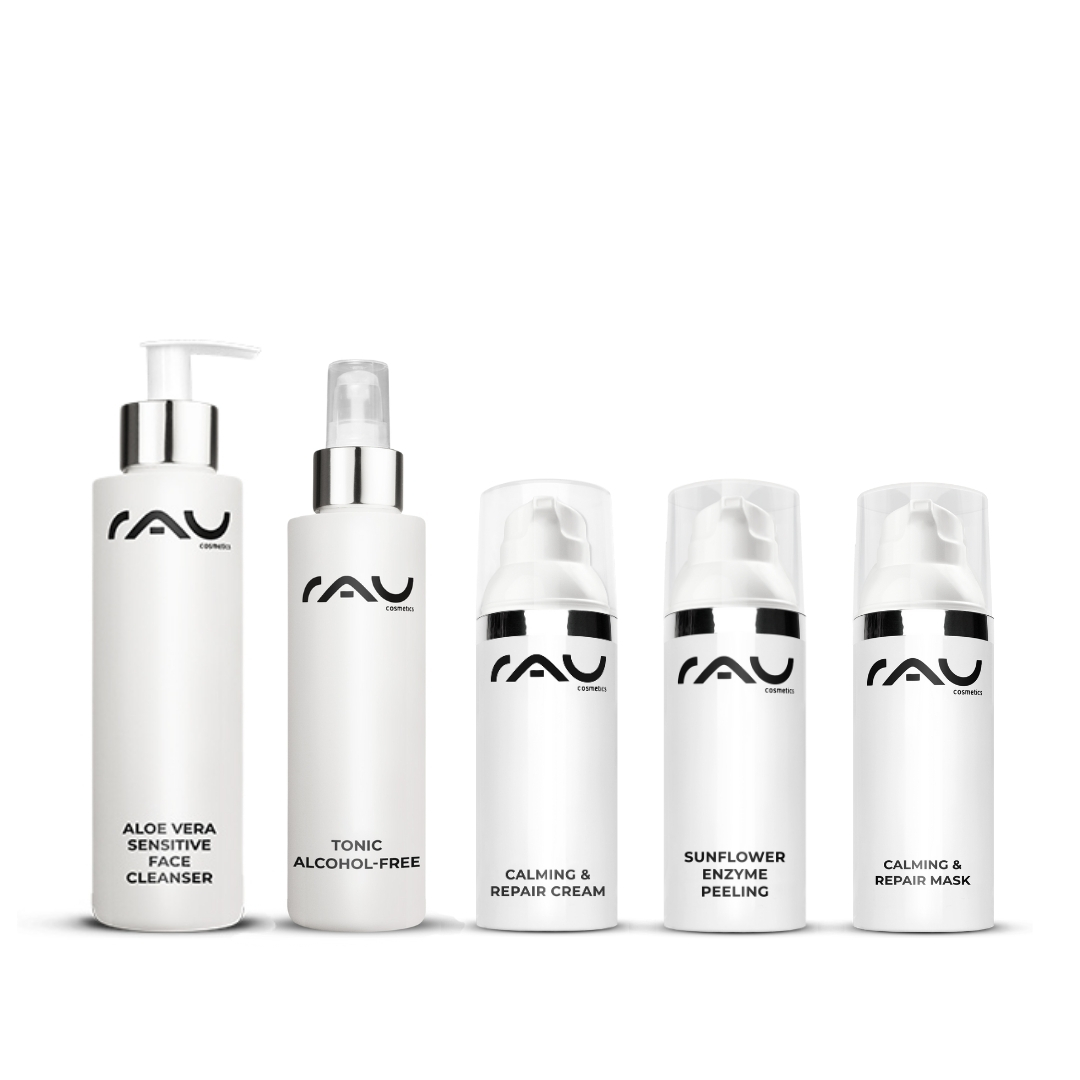 Profi Pflegeroutine für sensible Haut Profi Pflegeroutine für sensible Haut von RAU Cosmetics, bestehend aus sanfter Reinigungsmilch, alkoholfreiem Tonic, regenerierender Creme, enzymatischem Peeling und beruhigender Gesichtsmaske.