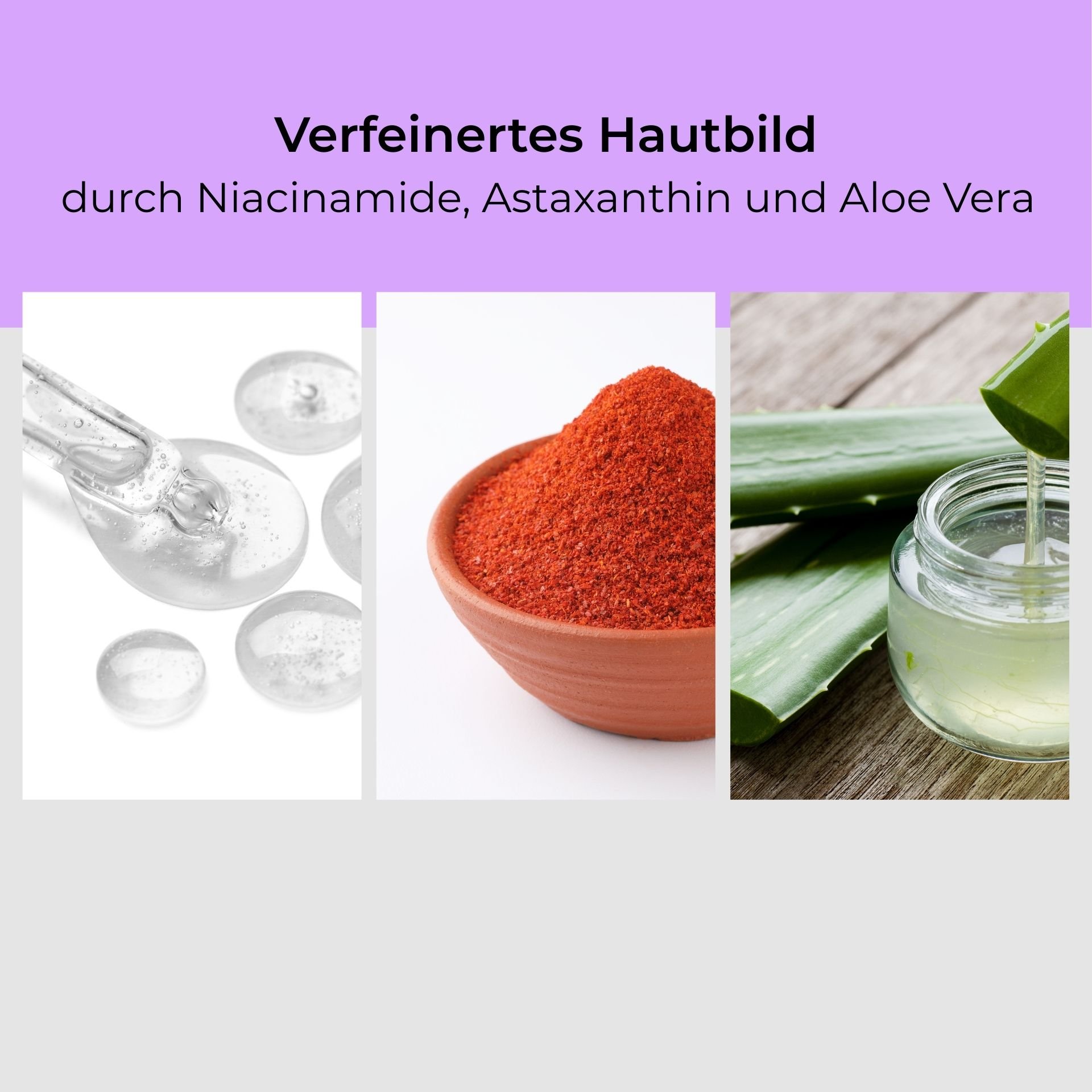 Verfeinertes Hautbild durch Niacinamide, Astaxanthin und Aloe Vera, mit Pipette, rotem Pulver und Aloe Vera Gel in ansprechender Anordnung.