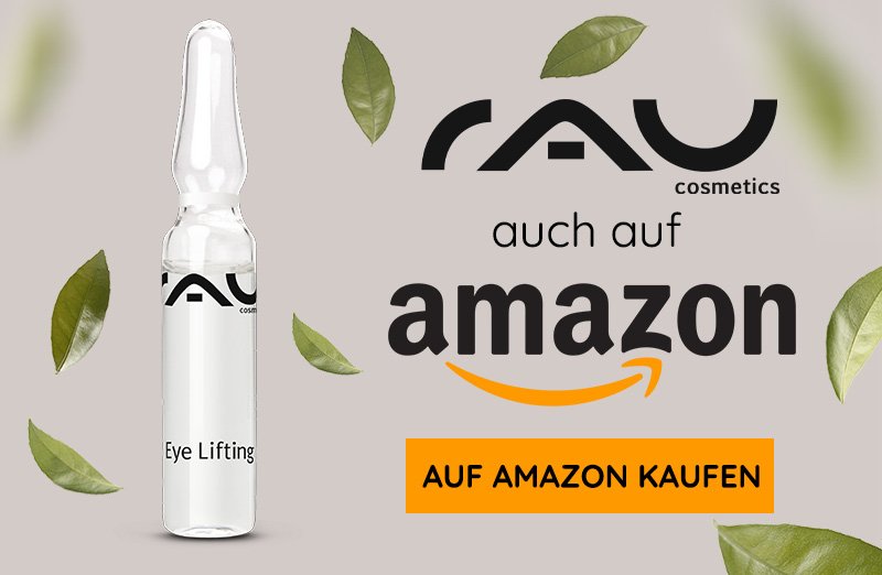 RAU Cosmetics Eye Lifting Ampoule in transparenter Verpackung, mit RAU-Logo und dem Text „AUF AMAZON KAUFEN“ zum Kauf.