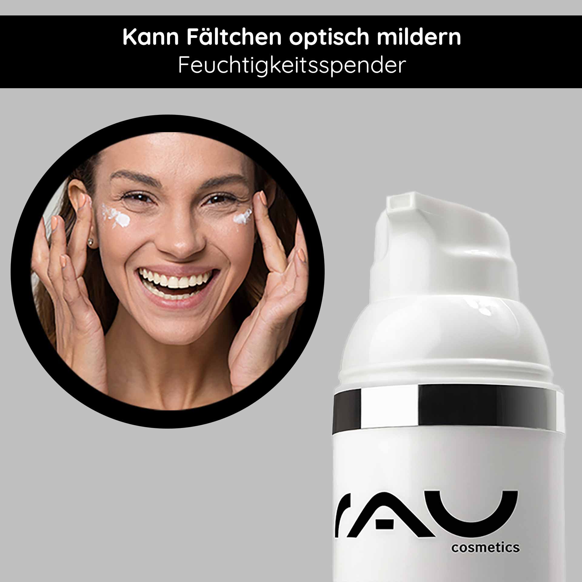 Anti-Aging Effekt: Lächelnde Frau mit der Hyaluron Cream, die feuchtigkeitsspendende Eigenschaften zur Reduzierung von Fältchen hervorhebt.