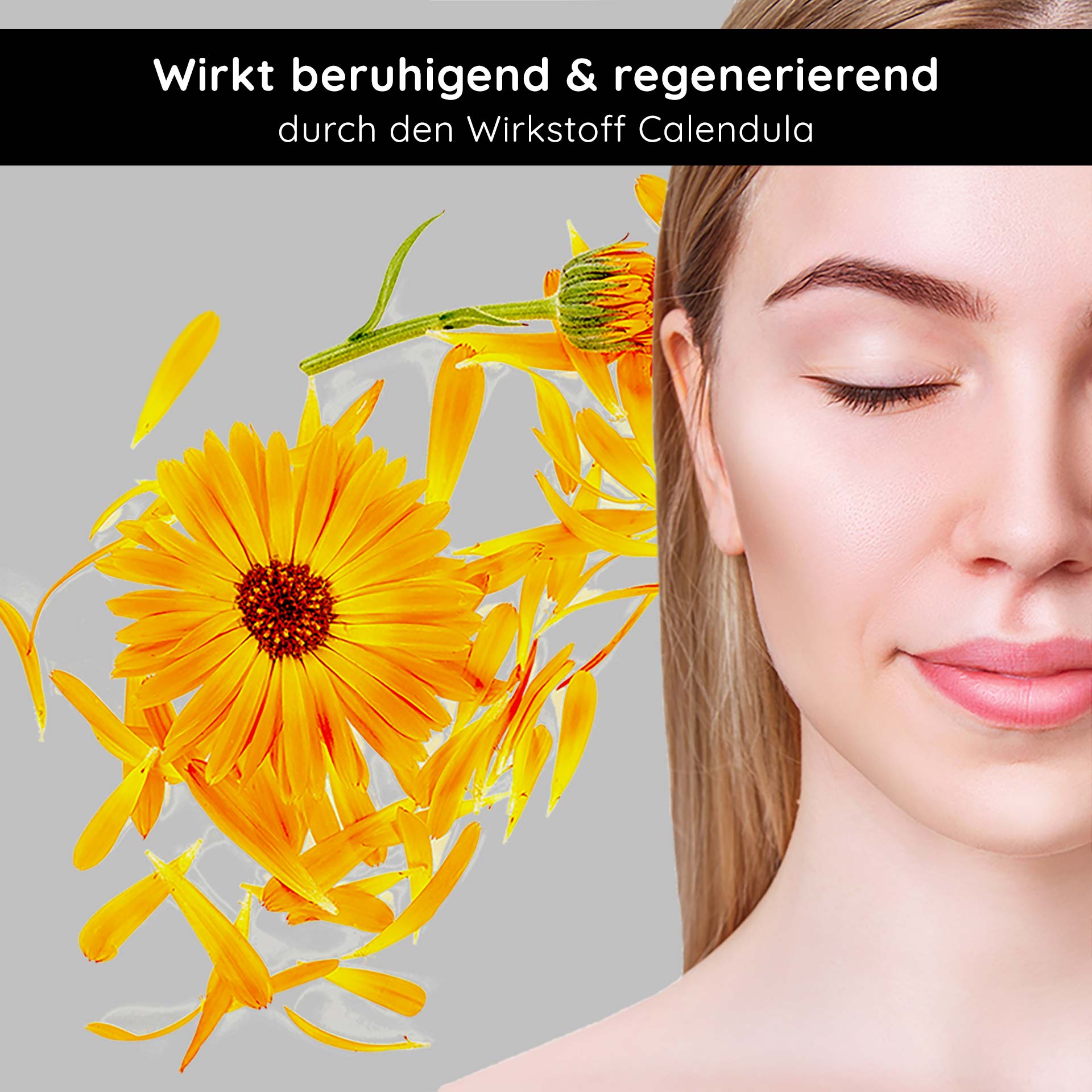 Anti Redness Couperose Serum 200 ml for Rosacea Frau mit geschlossenen Augen und sanftem Gesichtsausdruck, umgeben von Calendula-Blüten, betont die beruhigenden und regenerierenden Eigenschaften des Inhaltsstoffs für empfindliche Haut.