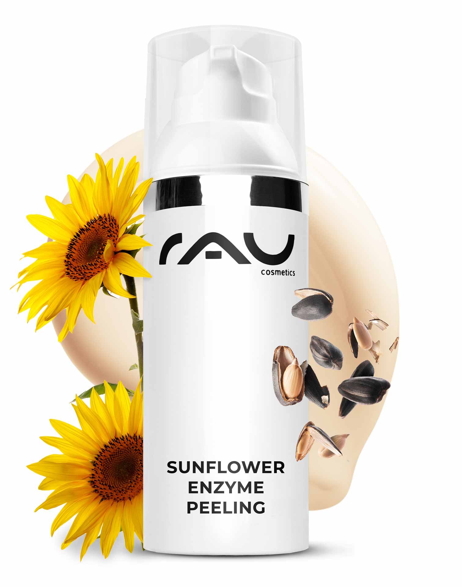 Verpackung des Sonnenblumen-Enzym-Peelings mit Sonnenblumenblüten, die den Produktnamen hervorheben und die Vorteile des enzymatischen Peelings für empfindliche Haut hervorheben.