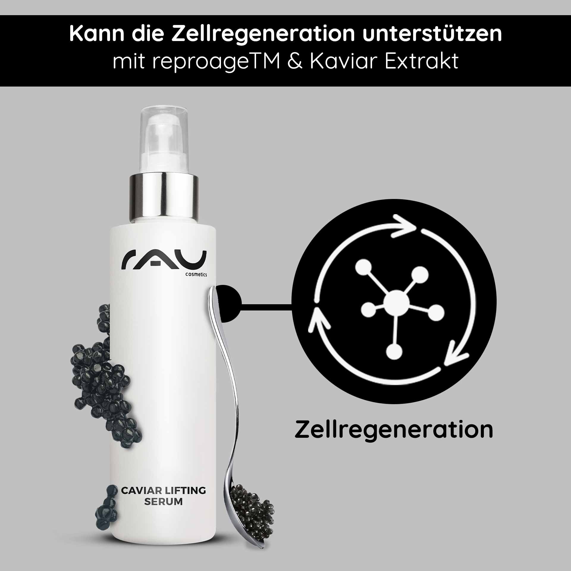 Caviar Lifting Serum von RAU Cosmetics mit Kaviarextrakt und reproageTM, fördert die Zellregeneration, präsentiert in eleganter Flasche mit Applikator.
