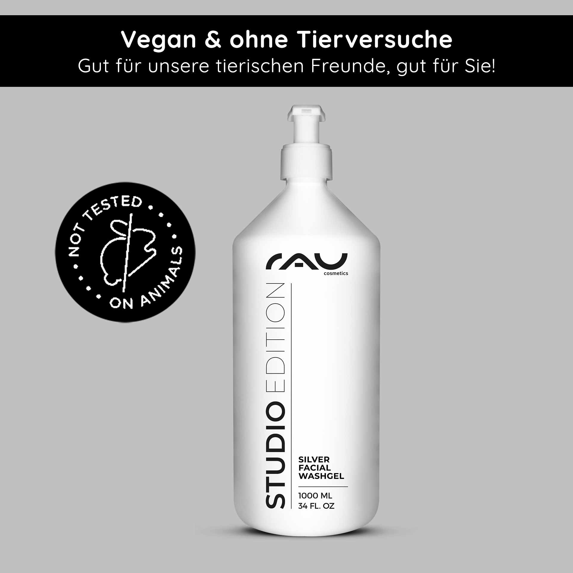RAU Cosmetics Silver Facial Washgel dans un flacon de 1000 ml avec pompe distributrice, portant la mention « Studio Edition » et le logo Cruelty-Free « Not Tested on Animals », soulignant les propriétés végétaliennes et respectueuses des animaux.