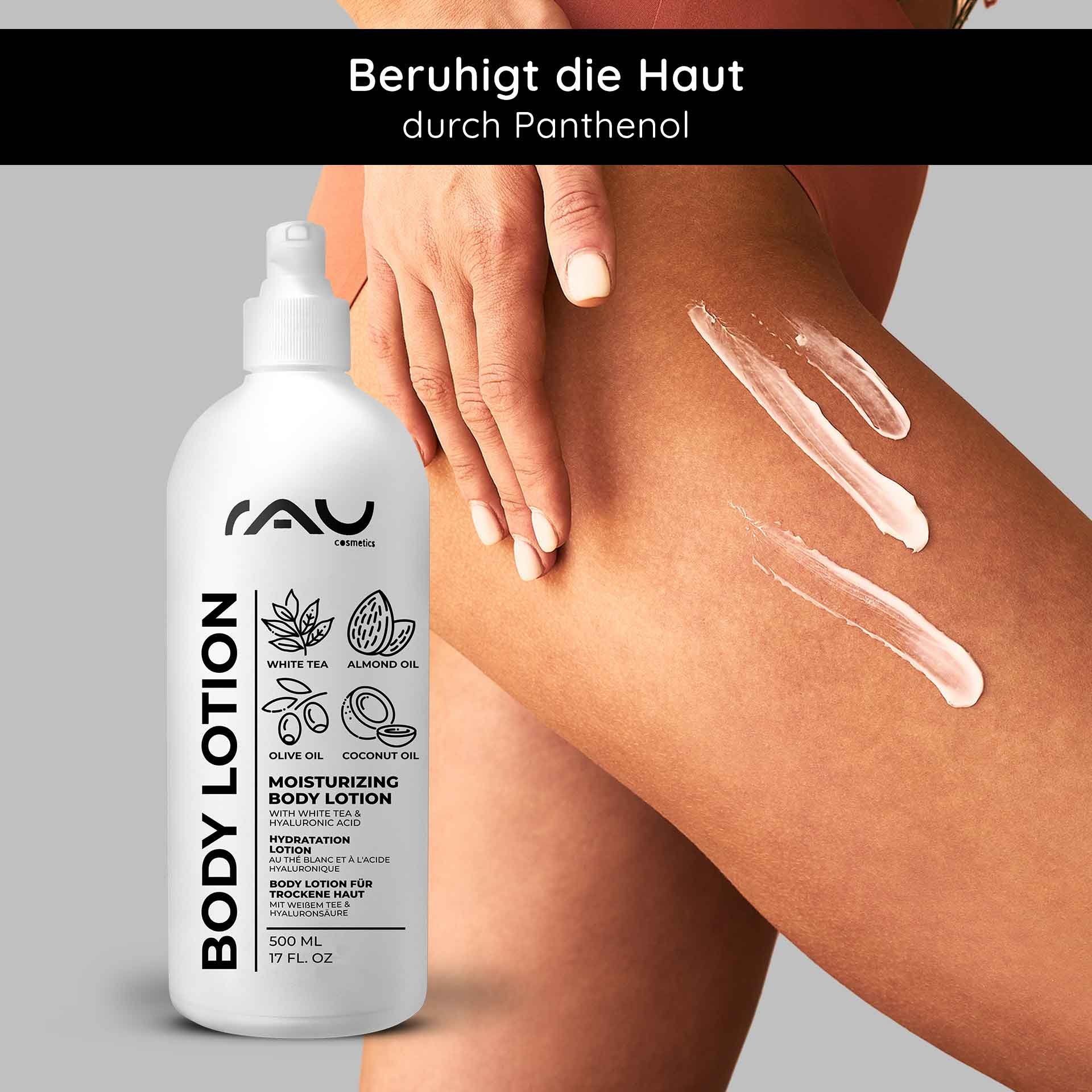 Flasche RAU Cosmetics White Tea Body Lotion mit Feuchtigkeitscreme zum Auftragen auf die Haut, die die Feuchtigkeitsversorgung fördert und trockene Haut beruhigt.