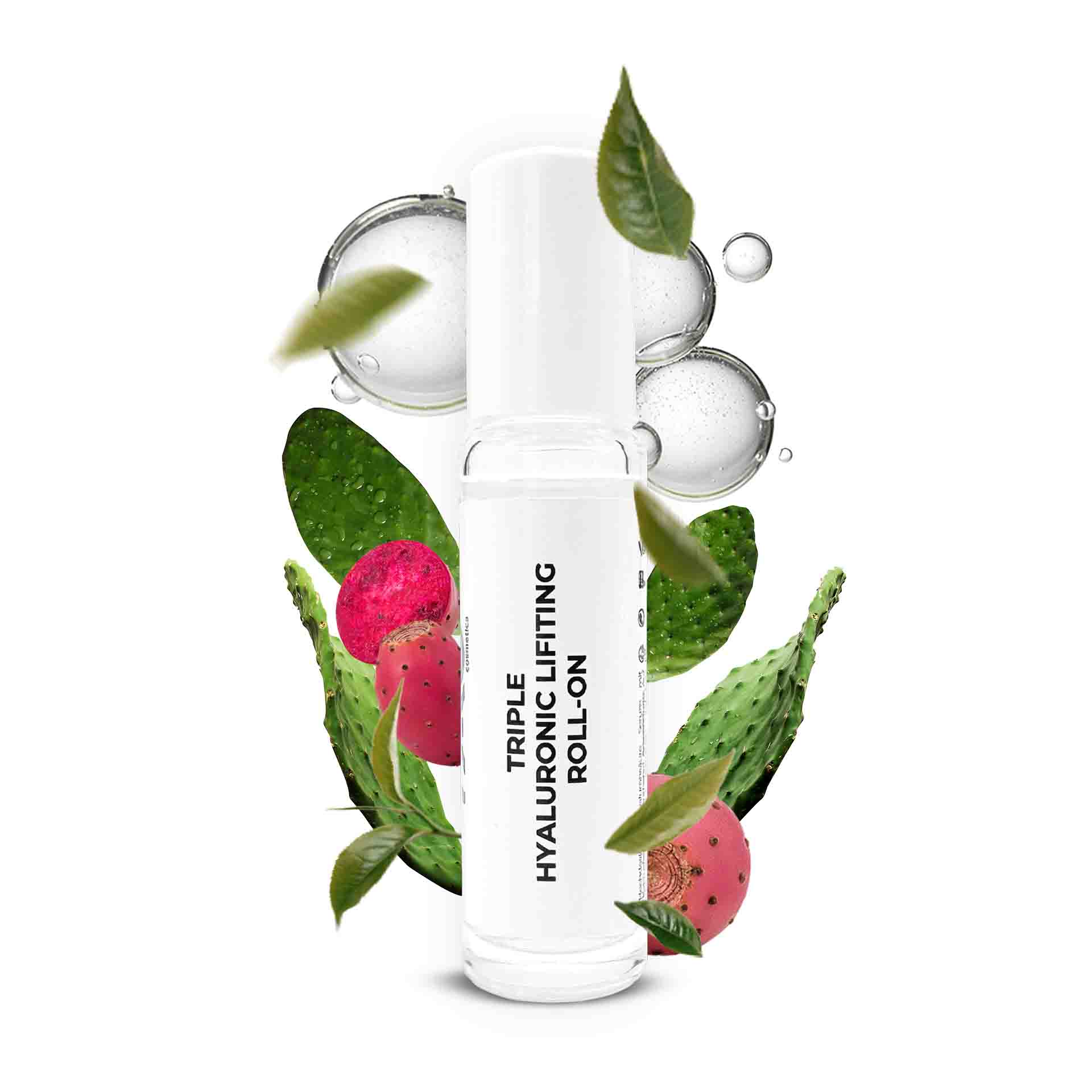 Triple Hyaluronic Serum Roll-On 10 ml mit 3-fach Hyaluronsäuren Dreifach-Hyaluron-Lifting-Roll-On-Serum mit Kaktusextrakt und drei Hyaluronsäurearten, umgeben von grünen Blättern und rosa Kaktusfrüchten, für tiefe Feuchtigkeitsversorgung und Anti-Aging-Vorteile.