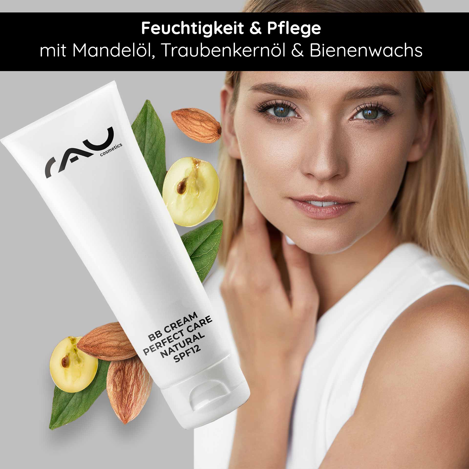 BB Cream Perfect Care Natural 75 ml SPF 12 Make-up & Pflege RAU Cosmetics BB Cream Perfect Care Natürliche Verpackung mit Mandel-, Traubenkernöl und Bienenwachs, daneben ein Model mit strahlendem Teint, das die Vorteile von Feuchtigkeit und Hautpflege betont.