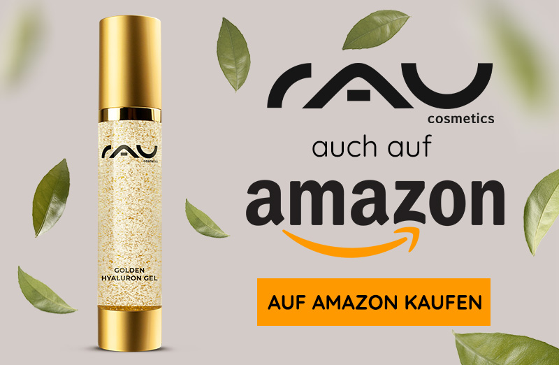 Goldene Hyaluron-Gel-Verpackung von RAU Cosmetics, elegante goldene Dose, auffรคllige Struktur, Amazon-Kaufhinweis.