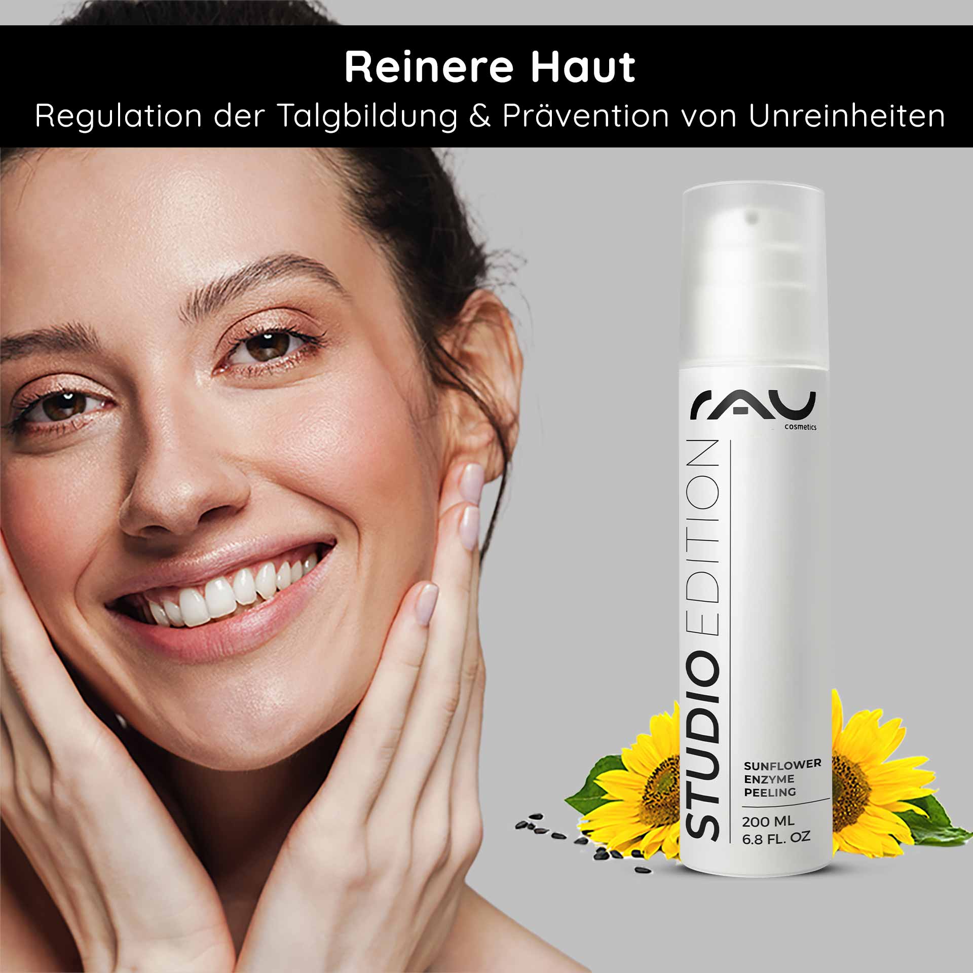 Sunflower Enzyme Peeling 200 ml Chemisches Enzymepeeling Frau mit strahlendem Lächeln und gepflegter Haut, hält ihr Gesicht, neben einer Flasche RAU Cosmetics Sunflower Enzyme Peeling, umgeben von Sonnenblumen.