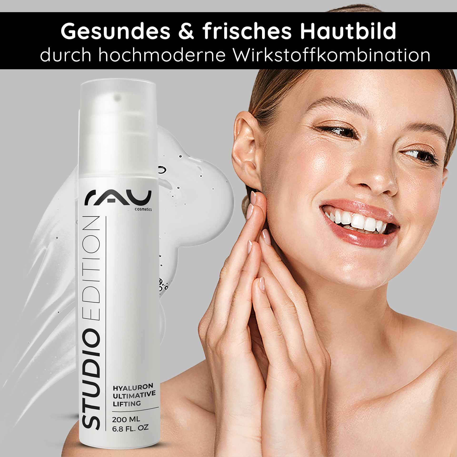 RAU Hyaluron Ultimate Lifting Gel in an elegant white bottle, with a smiling woman applying the product to her face to promote healthy and fresh skin and highlight the anti-aging benefits.