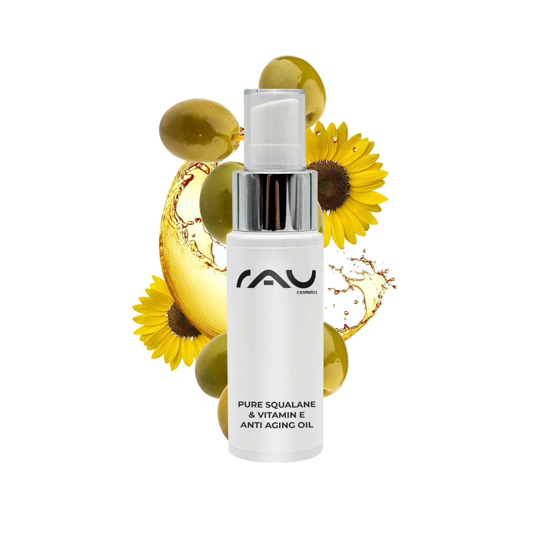 Pure Squalane & Vitamin E Anti Aging Oil 50 ml - Anti-Aging & Moisturizing Flasche mit RAU Pure Squalane & Vitamin E Anti-Aging Öl vor einem Hintergrund aus Sonnenblumen und Oliven, betont die feuchtigkeitsspendenden und antioxidativen Eigenschaften des Produkts für trockene und reife Haut.