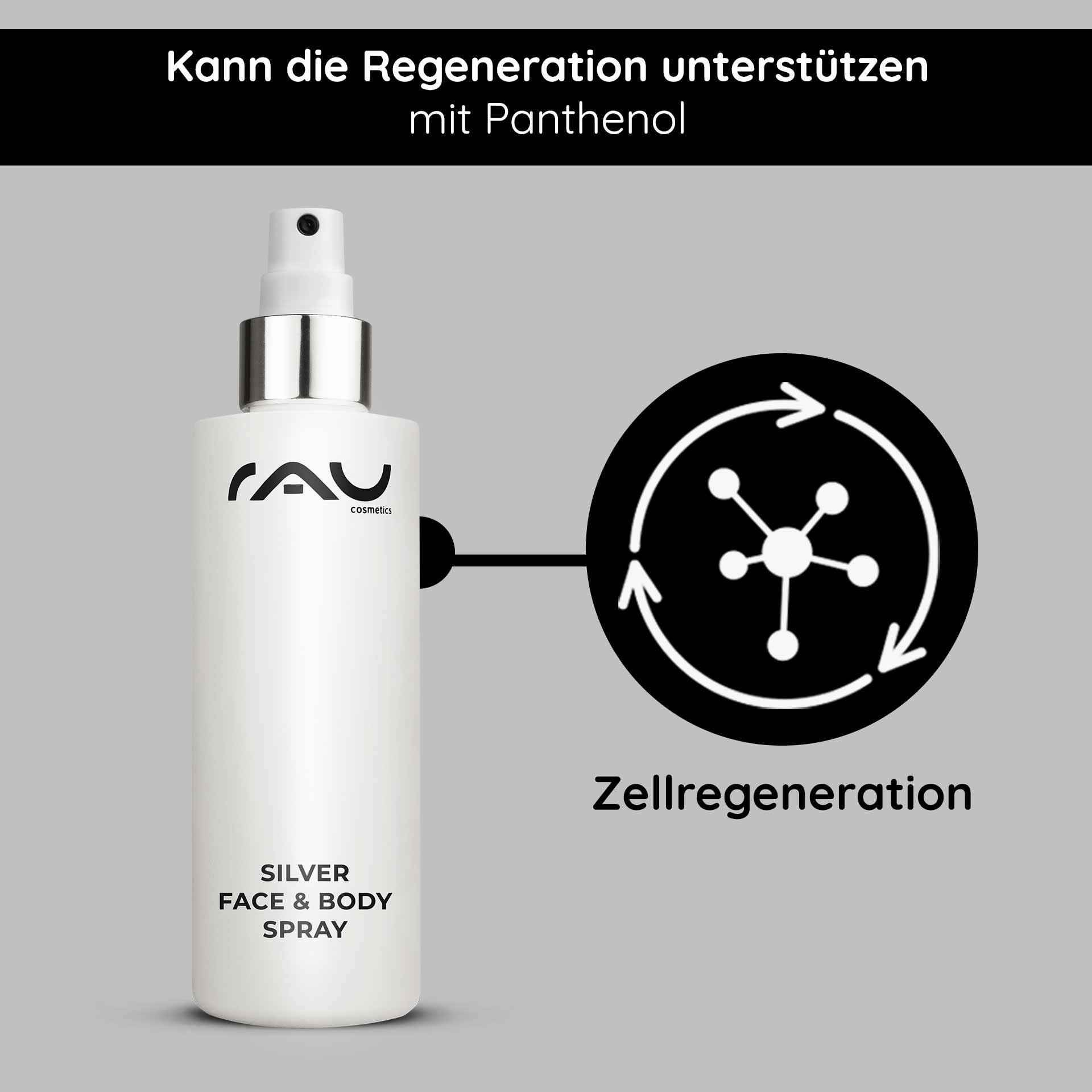 Silver Face and Body Spray Flasche mit Panthenol-Wirkstoff fuer Hautregeneration und beruhigende Pflege