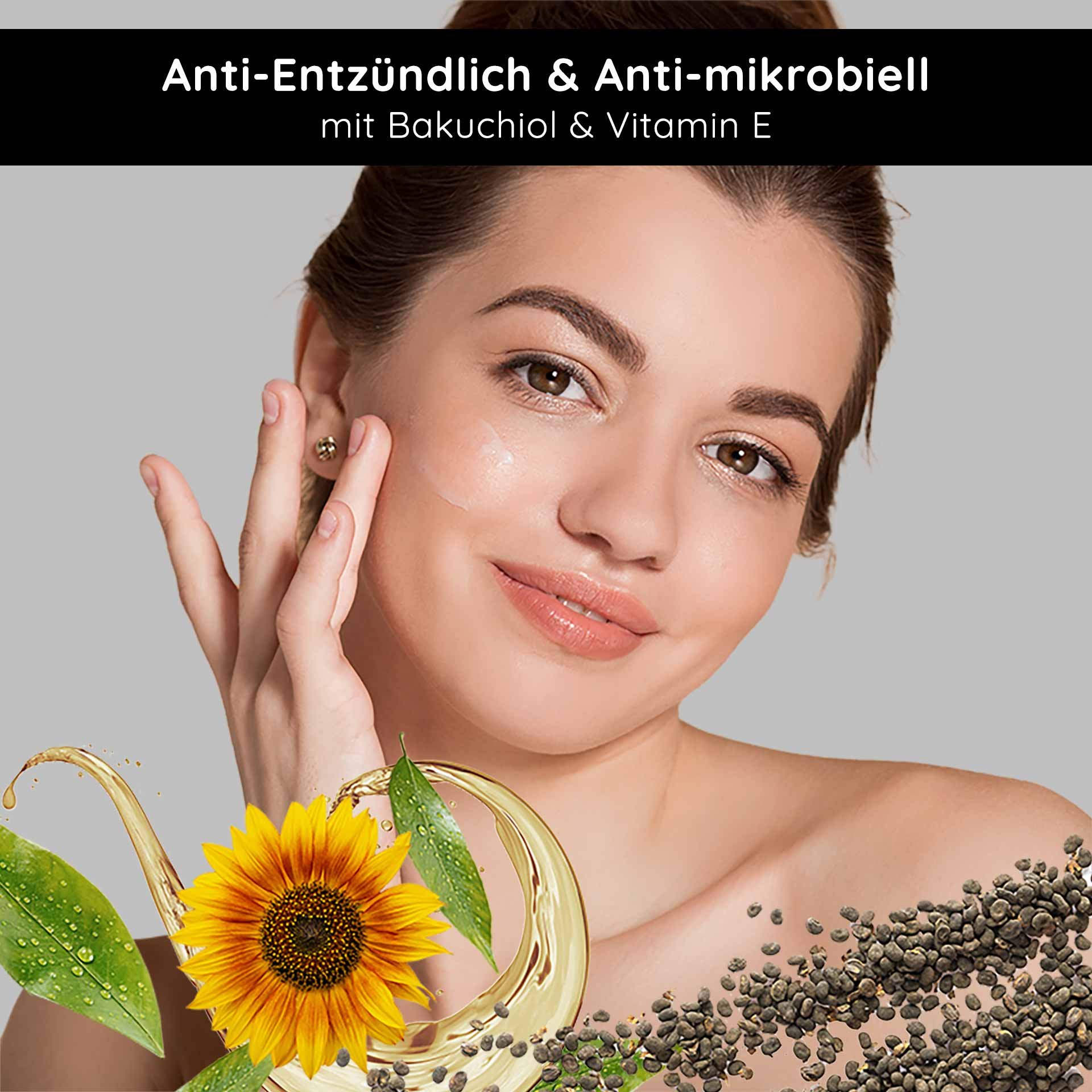 RAU Cosmetics Bakuchiol & Vitamin E Daily Care Serum – Produktabbildung des Anti-Aging-Serums in einem eleganten Airless-Spender mit sichtbarem Etikett und transparentem Hintergrund.