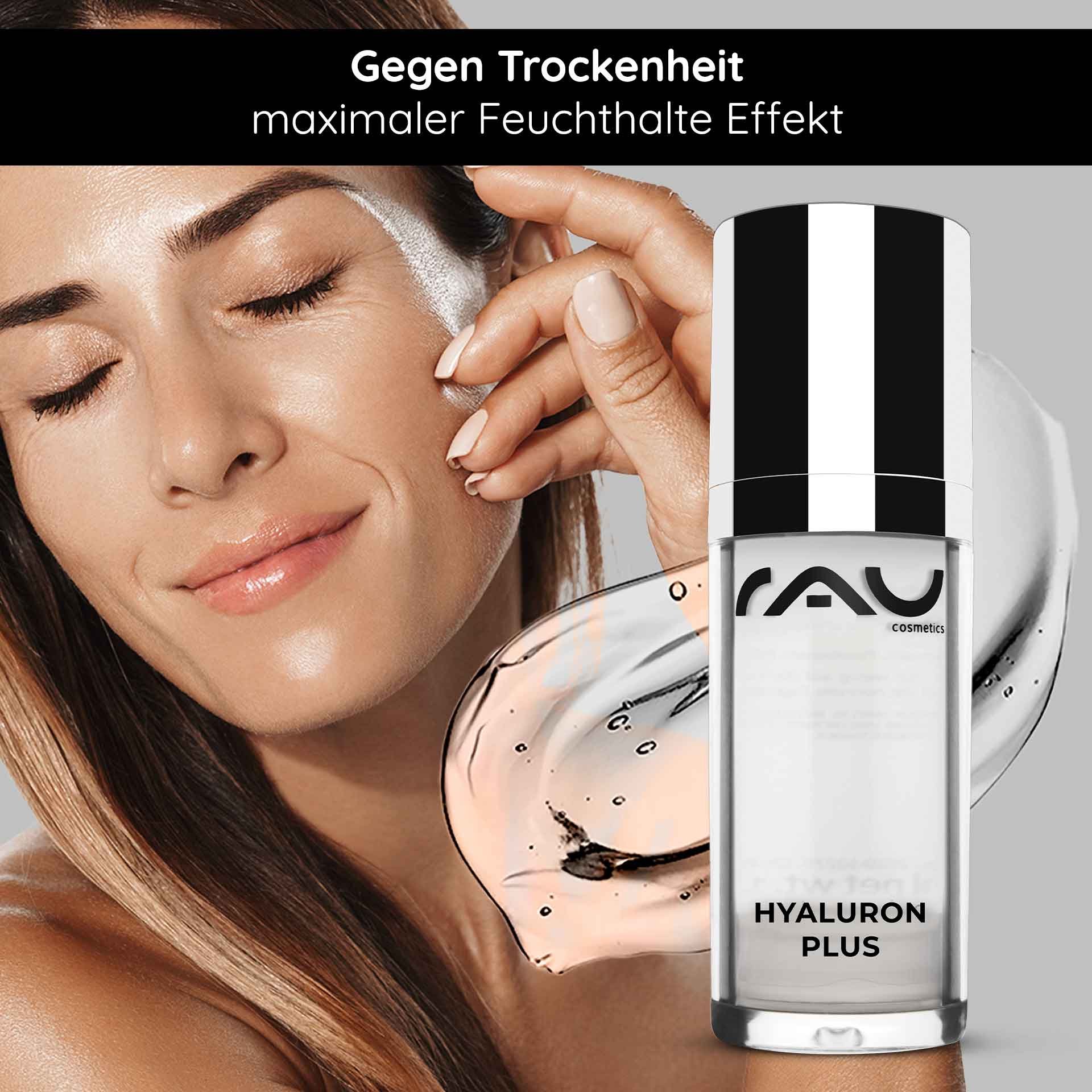 RAU Cosmetics Hyaluron Plus 30 ml – Gesichtsserum mit hoch- und niedermolekularer Hyaluronsäure für intensive Feuchtigkeit und Soforteffekt. Abbildung des Produkts in einem eleganten Airless-Spender mit transparentem Gel.