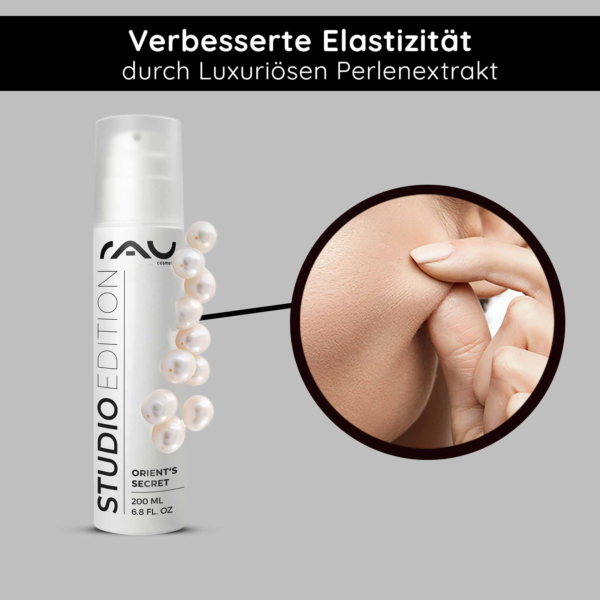 Orient's Secret 200 ml mit Amnethyst-Pulver Eine Flasche Gesichtscreme „Orient‘s Secret“ von RAU Cosmetics mit luxuriösem Perlenextrakt, die die verbesserte Hautelastizität hervorhebt, und eine Nahaufnahme einer Hand, die sanft in die glatte Haut kneift.