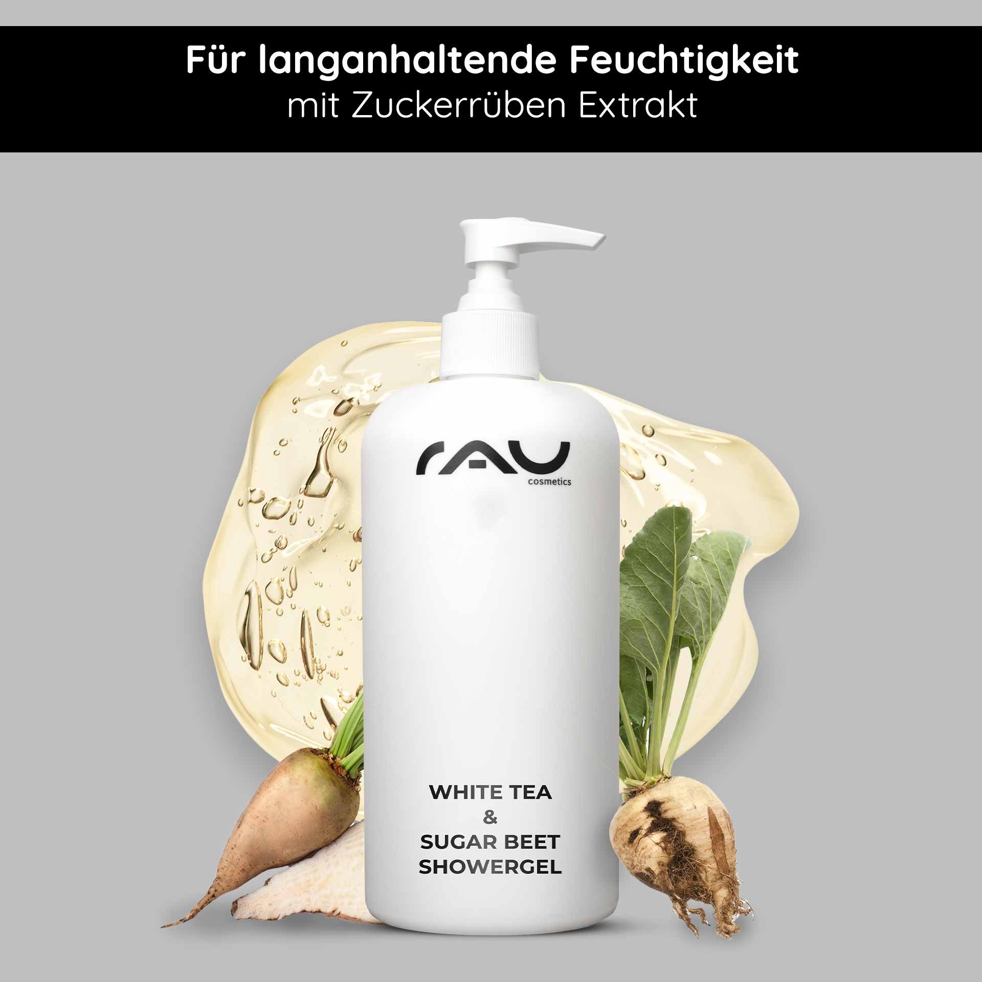 RAU Cosmetics White Tea & Sugar Beet Duschgelflasche mit Pumpe, mit natürlichen Inhaltsstoffen und einem Hintergrund aus Zuckerrüben- und Weißtee-Elementen, die die Feuchtigkeitsspeicherung fördern.