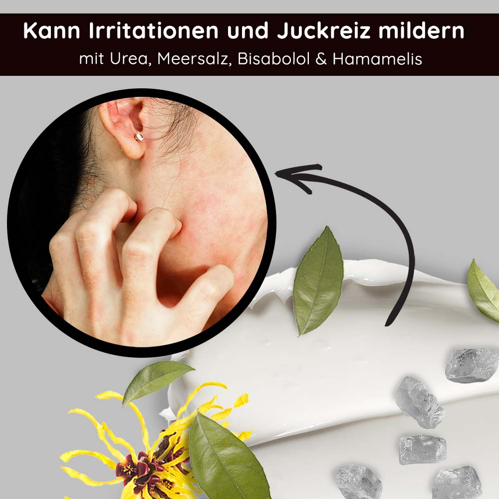 Sea Salt Calming Cream 50 ml Face Cream with Sea Salt Mensch mit gereizter Haut, die Juckreiz verspürt, umgeben von Meersalz, Bisabolol und Hamamelis, visualisiert die beruhigenden Eigenschaften der Sea Salt Calming Cream von RAU Cosmetics.