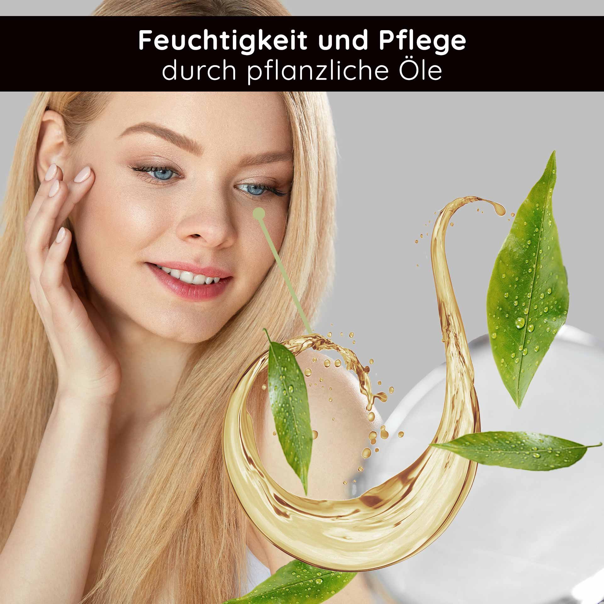 Frau mit blonden Haaren, die sanft ihre Haut berührt, umgeben von pflanzlichen Ölen und Blättern, symbolisiert Feuchtigkeit und Pflege für die Augenpartie, passend zur RAU Cosmetics Hyaluron Moisturizing Eye Fluid Produktbeschreibung.