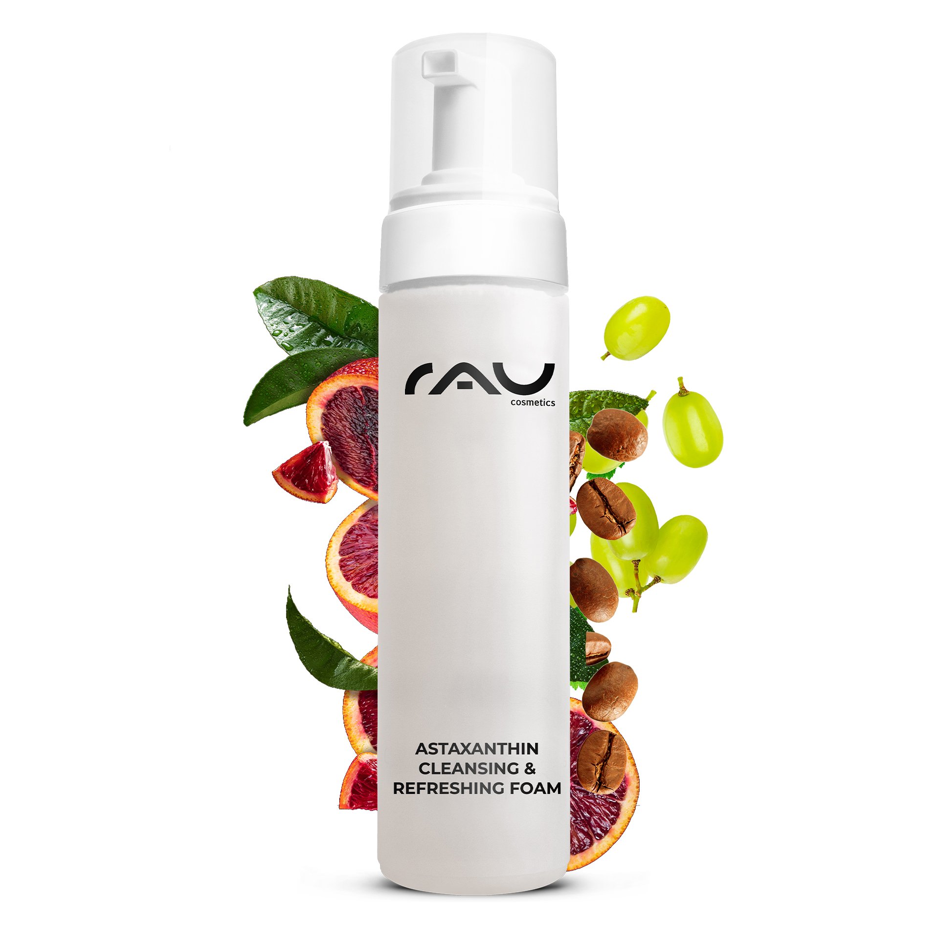 RAU Astaxanthin Cleansing Foam 200 ml Pumpflasche mit Orangendekoration auf hellem Hintergrund