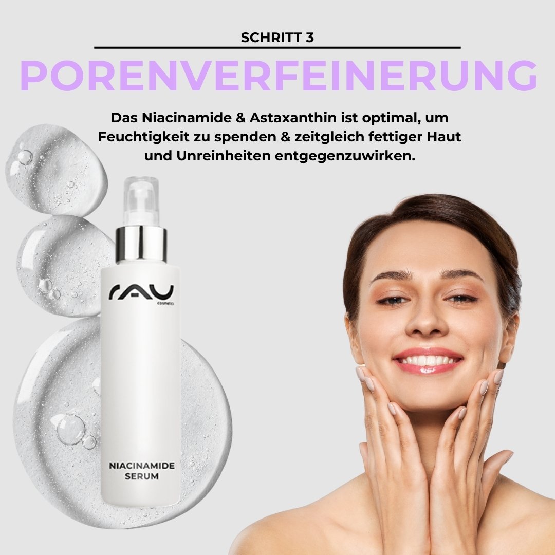 Niacinamid-Serum von RAU Cosmetics mit Wassertropfen, Frau trägt Serum auf ihr Gesicht auf, betont die Porenverfeinerung für Mischhaut.