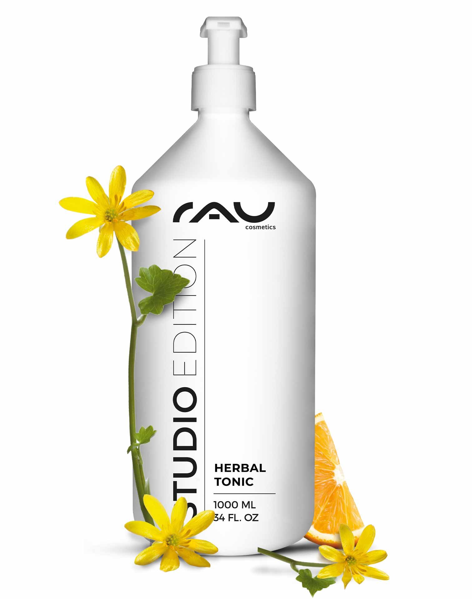 RAU Cosmetics Beyond Herbal Tonic 1000 ml bottle with pump, with yellow blossoms and orange slice, emphasizing alcohol-free, gentle cleansing for sensitive skin.