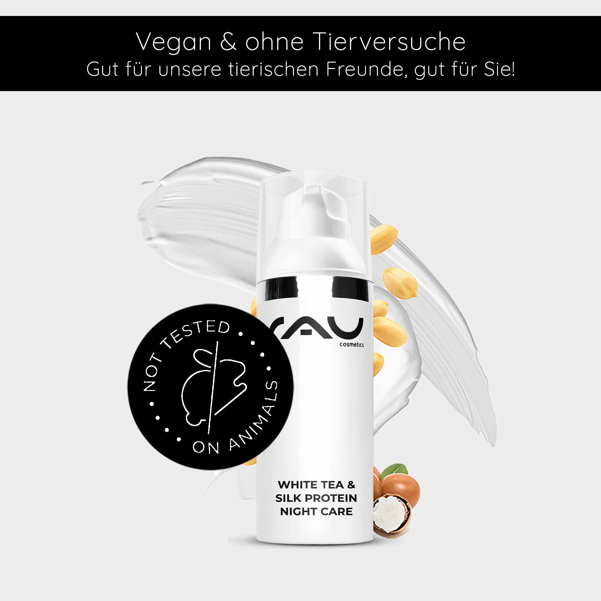 RAU Cosmetics White Tea & Silk Protein Night Care cream in an elegant bottle with the 'Not tested on animals' logo and a background of creamy texture and nuts, emphasizing vegan skincare for hydration and regeneration.