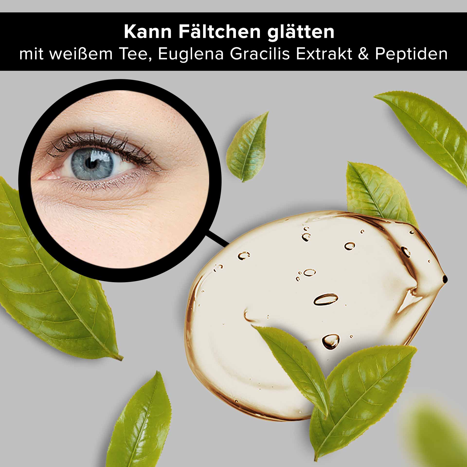 White Tea Eye Cooling Gel 15 ml Anti-Aging Augenpflege Augenbereich mit feinen Linien, umgeben von grünen Teeblättern und einer Geltextur, betont die Anti-Aging Wirkung des RAU Cosmetics White Tea Eye Cooling Gel mit weißem Tee, Euglena Gracilis Extrakt und Peptiden.