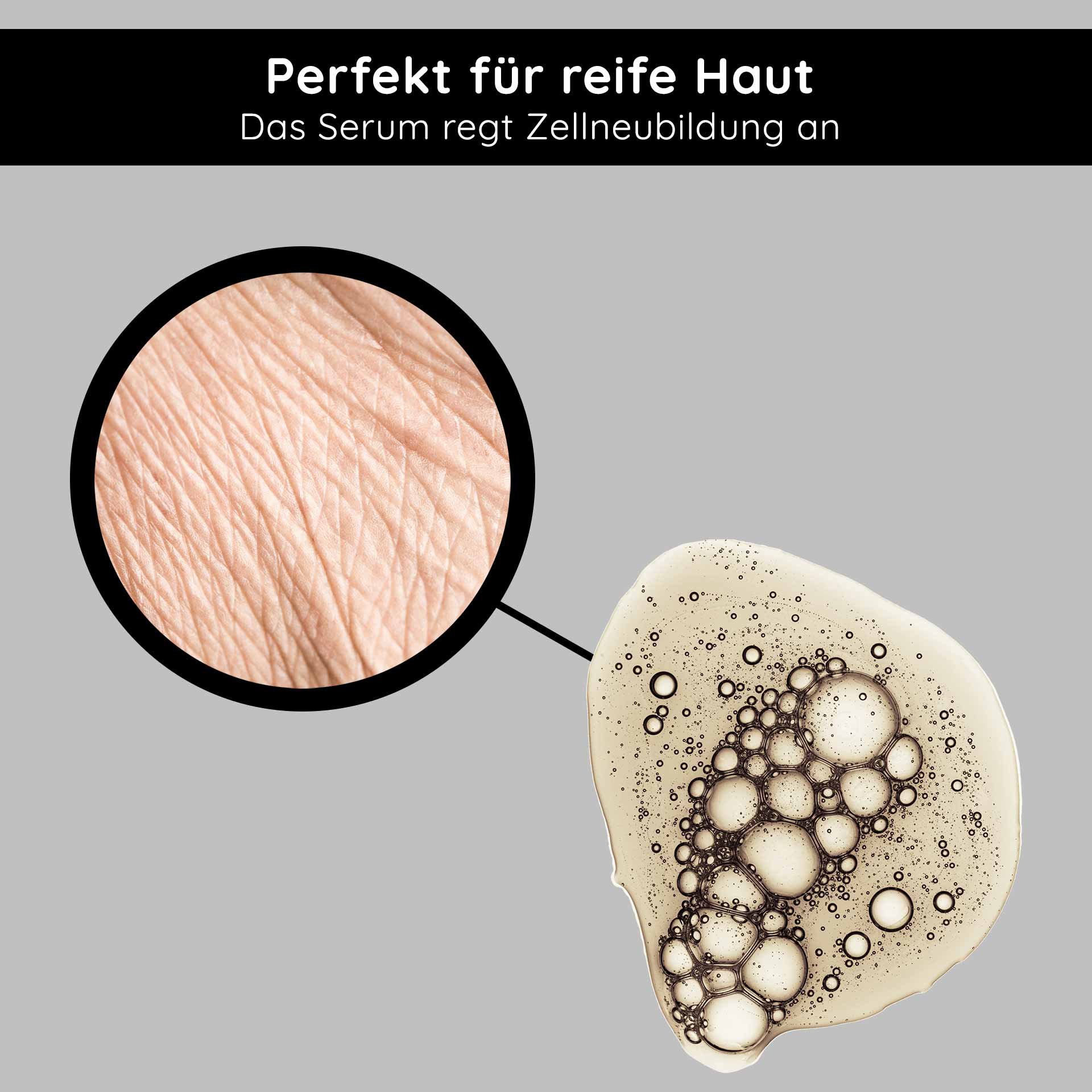 Perfect serum for mature skin, enriched with moisturizing bubbles, to promote new cell formation and skin regeneration.
