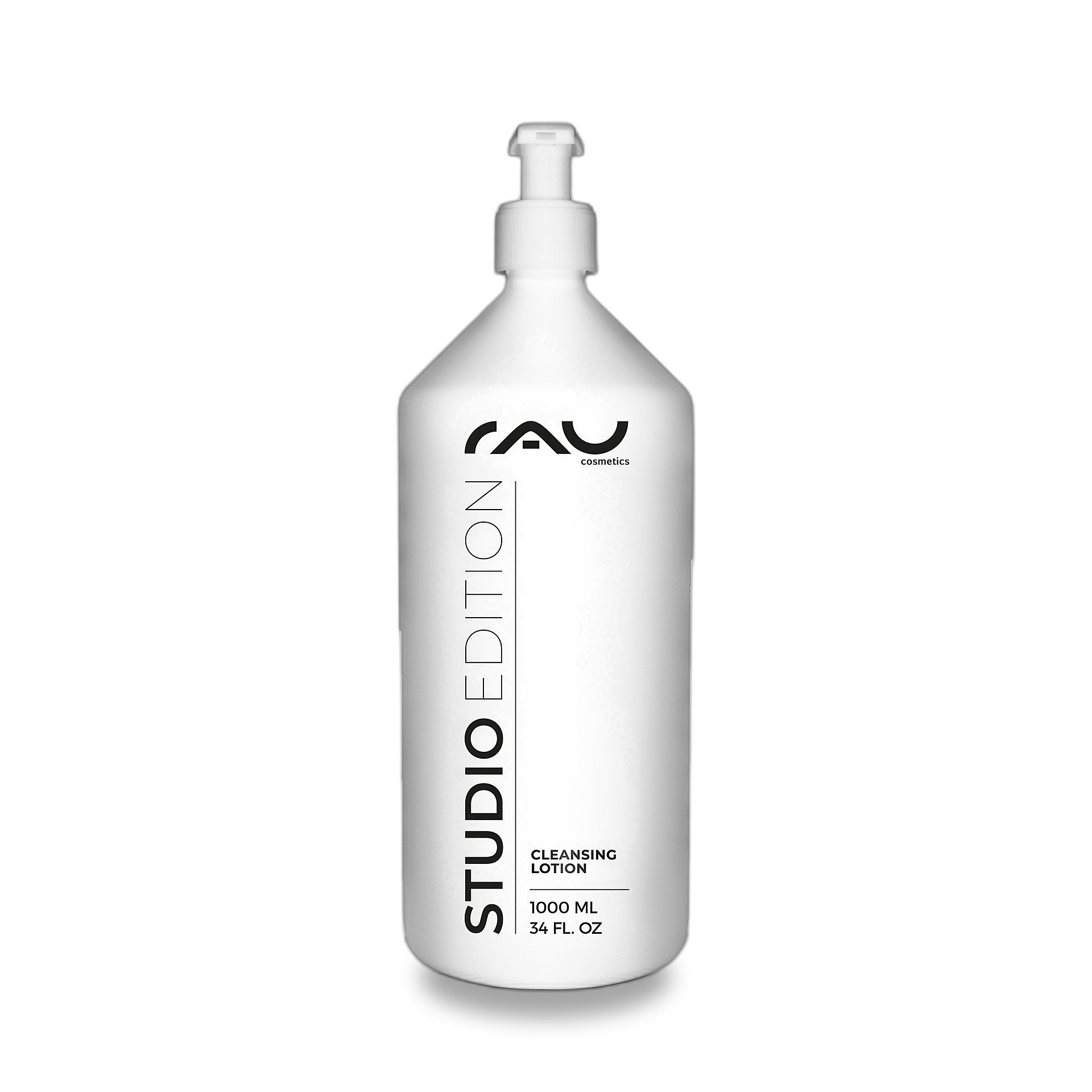RAU Cosmetics Cleansing Lotion Studio 1000 ml — milde Reinigungsmilch und Make-up Remover, Flasche freigestellt, Made in Germany, cleansing lotion, studio edition, white bottle, pump dispenser, 1000 ml