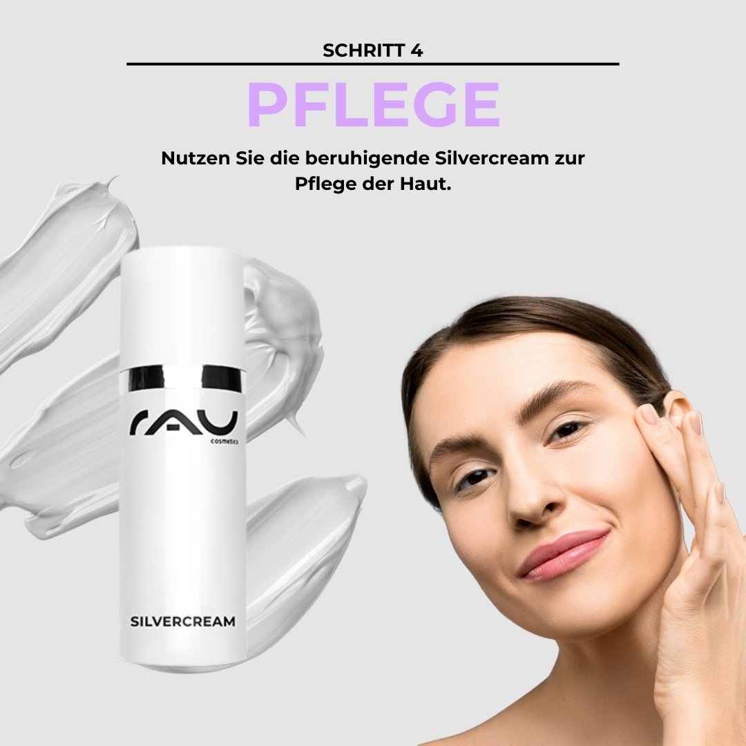 Beruhigende Silvercream von RAU Cosmetics für die Pflege der Haut, Schritt 4 der Profi Pflegeroutine für Couperose, mit einer Person, die die Creme sanft auf die Haut aufträgt.
