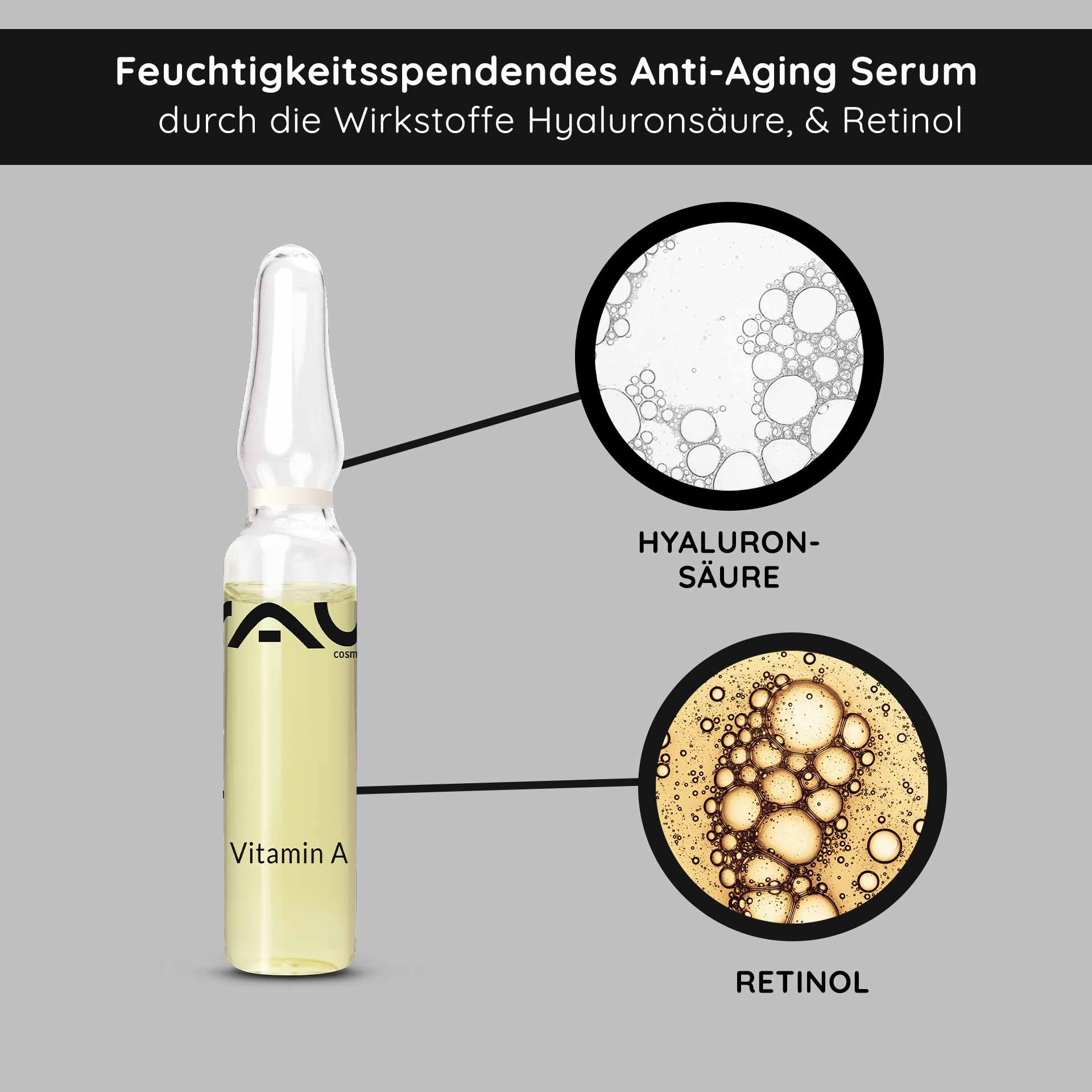 Ampoule de vitamine A de RAU Cosmetics avec formulation de sérum anti-âge à l'acide hyaluronique et au rétinol, avec des propriétés hydratantes mises en avant.