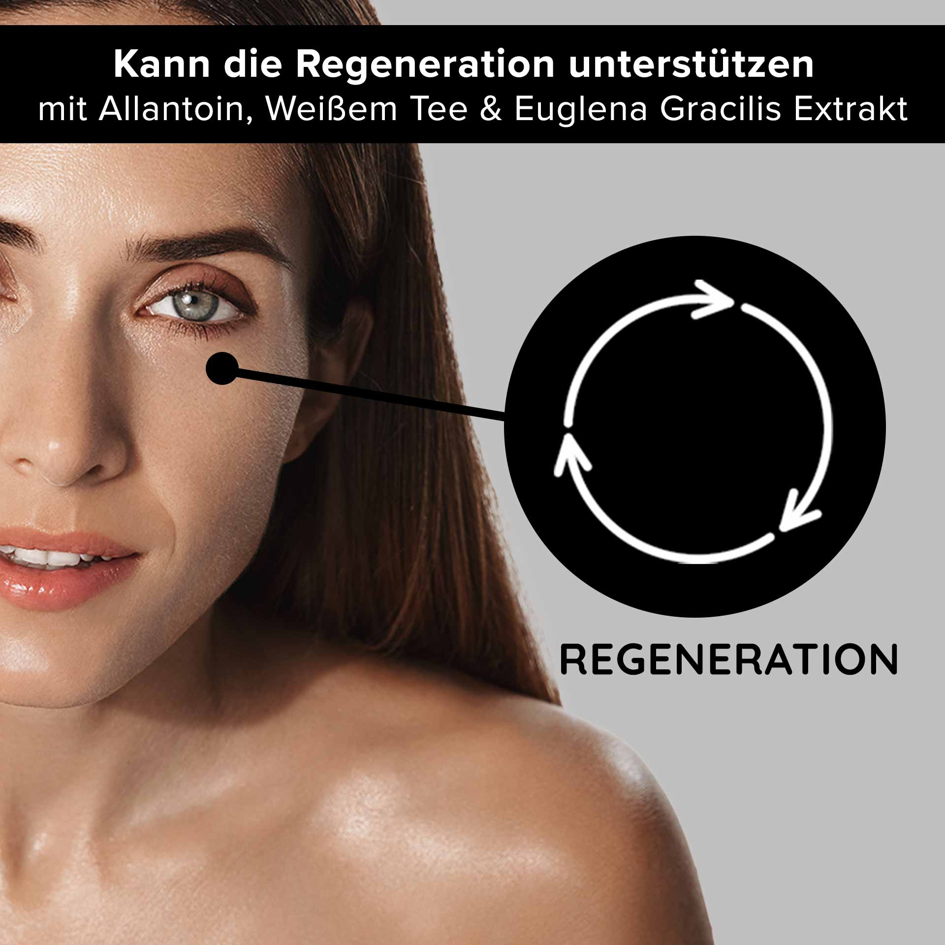 White Tea Eye Cooling Gel 15 ml Anti-Aging Augenpflege Frau mit strahlendem Teint und sichtbarem Auge, betont die regenerierenden Eigenschaften des RAU Cosmetics White Tea Eye Cooling Gel mit Allantoin, weißem Tee und Euglena Gracilis Extrakt.
