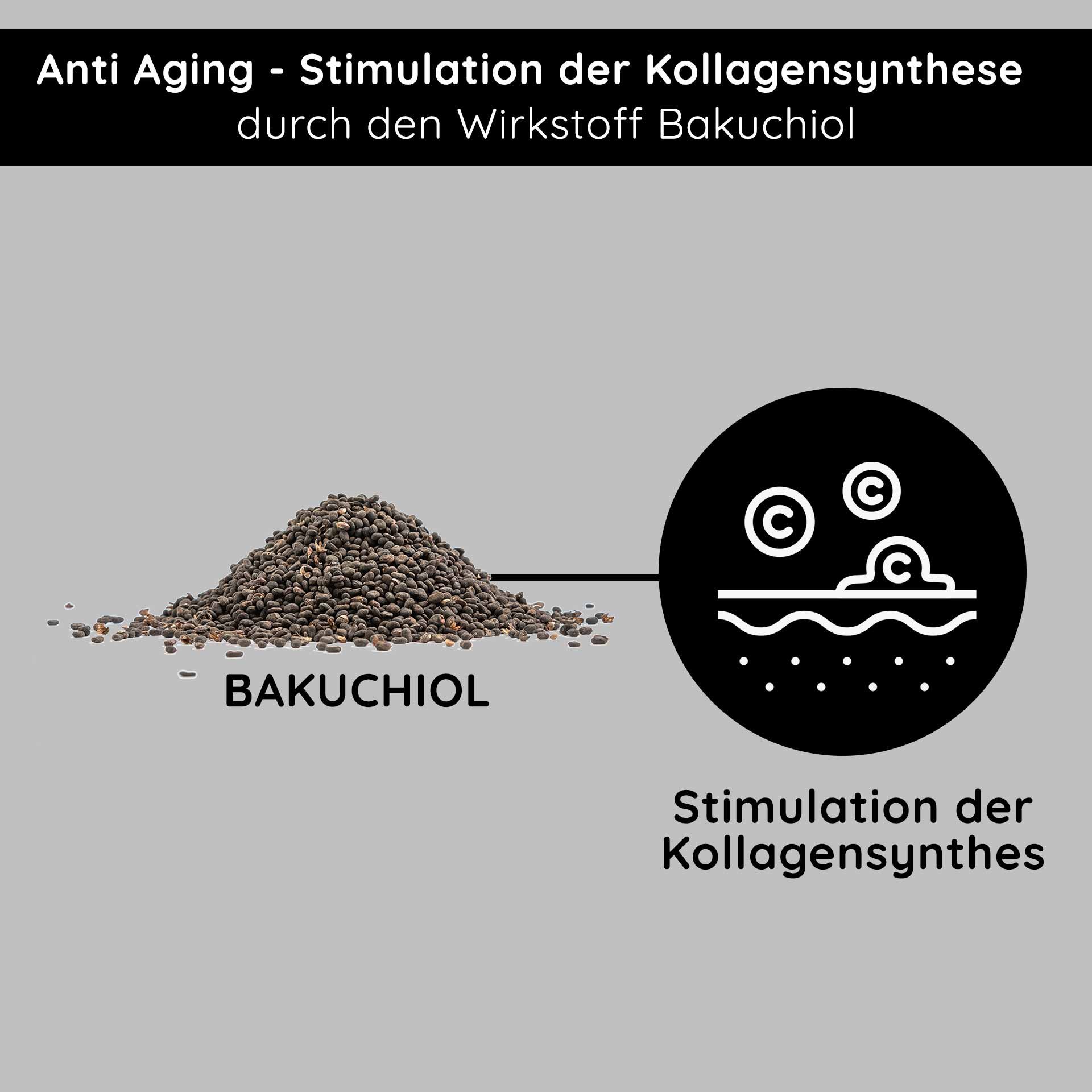 Stimulation of collagen synthesis: Detailed view of Bakuchiol powder, representing firmer skin and anti-aging.
