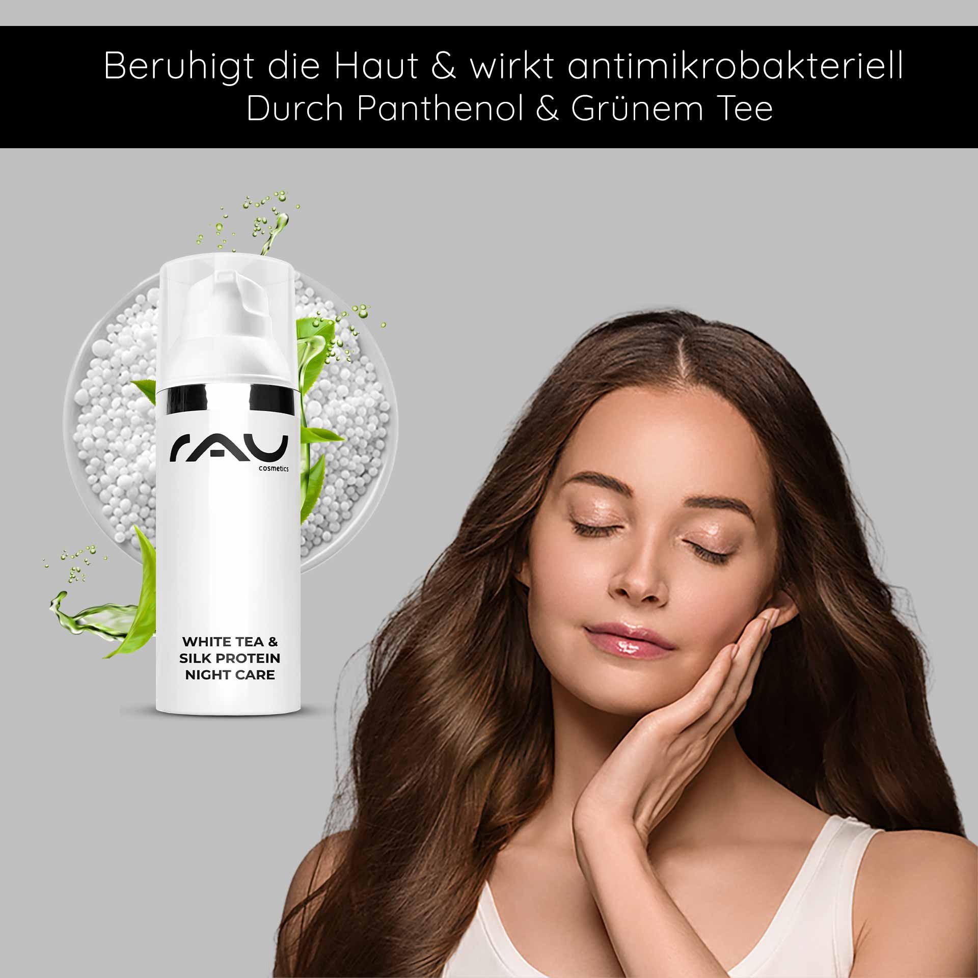 Crème de soin de nuit White Tea & Silk Protein de RAU Cosmetics avec une femme touchant doucement son visage et démontrant l'effet apaisant et anti-âge du produit au thé blanc et panthénol.