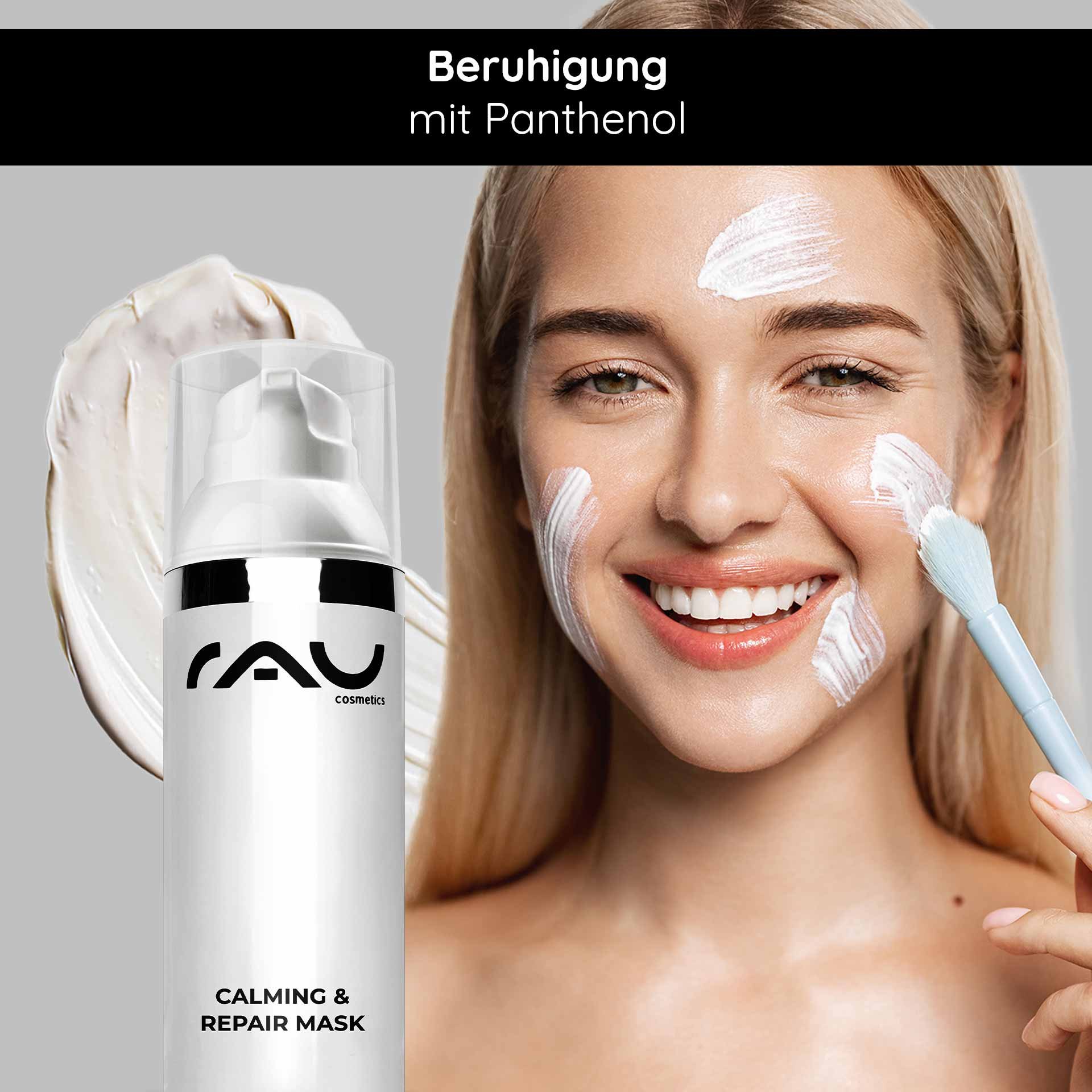 Anwendung der Calming & Repair Mask bei geröteter Haut für sofortige Entspannung.