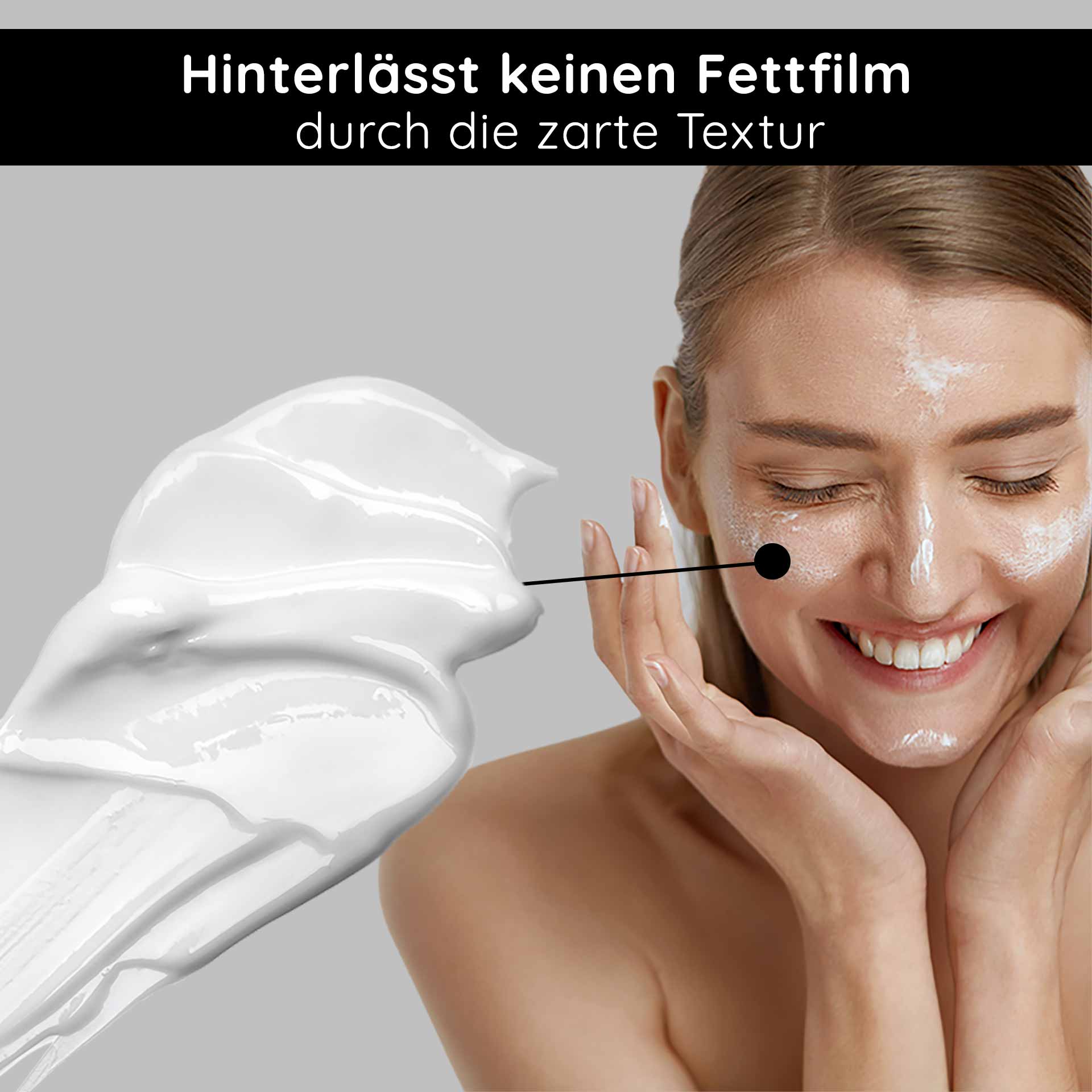 White Tea Cream 50 ml  Anti Aging 24h Creme für trockene und unreine Haut Zarte Gesichtscreme auf der Haut einer lächelnden Frau, die eine feuchtigkeitsspendende und nicht fettende Textur präsentiert, ideal für die Anwendung der RAU Cosmetics White Tea Cream.