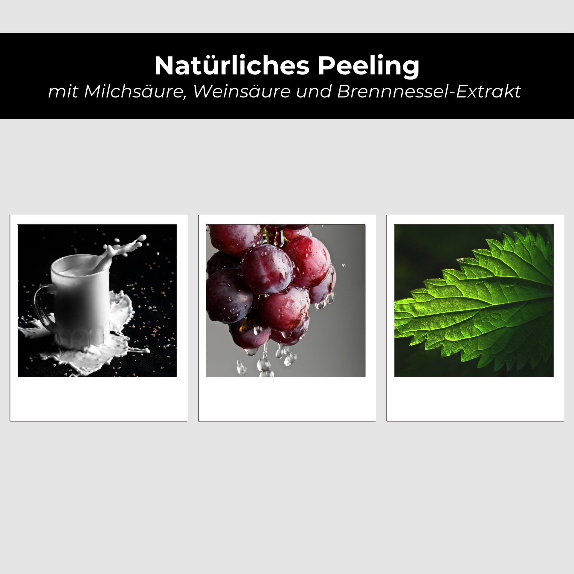 Peeling naturel au lait, au raisin et à l'extrait d'ortie, représenté par des images de verre de lait éclaboussant, de raisins frais et de feuilles d'ortie vertes.