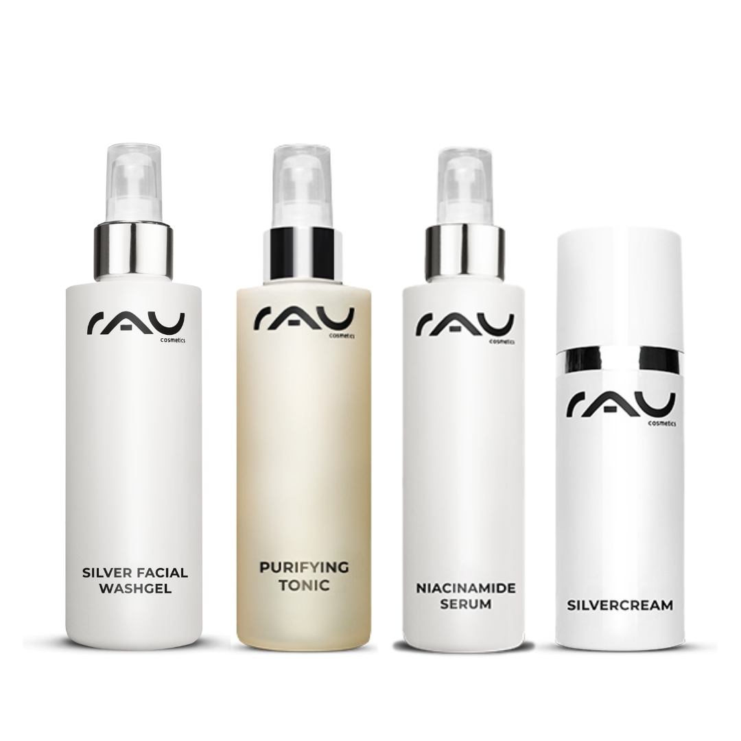 Advanced Pflegeroutine für unreine fettige Haut RAU Cosmetics Hautpflegeset mit Silver Facial Washgel, Purifying Tonic, Niacinamide Serum und Silvercream, entwickelt für fettige und unreine Haut.