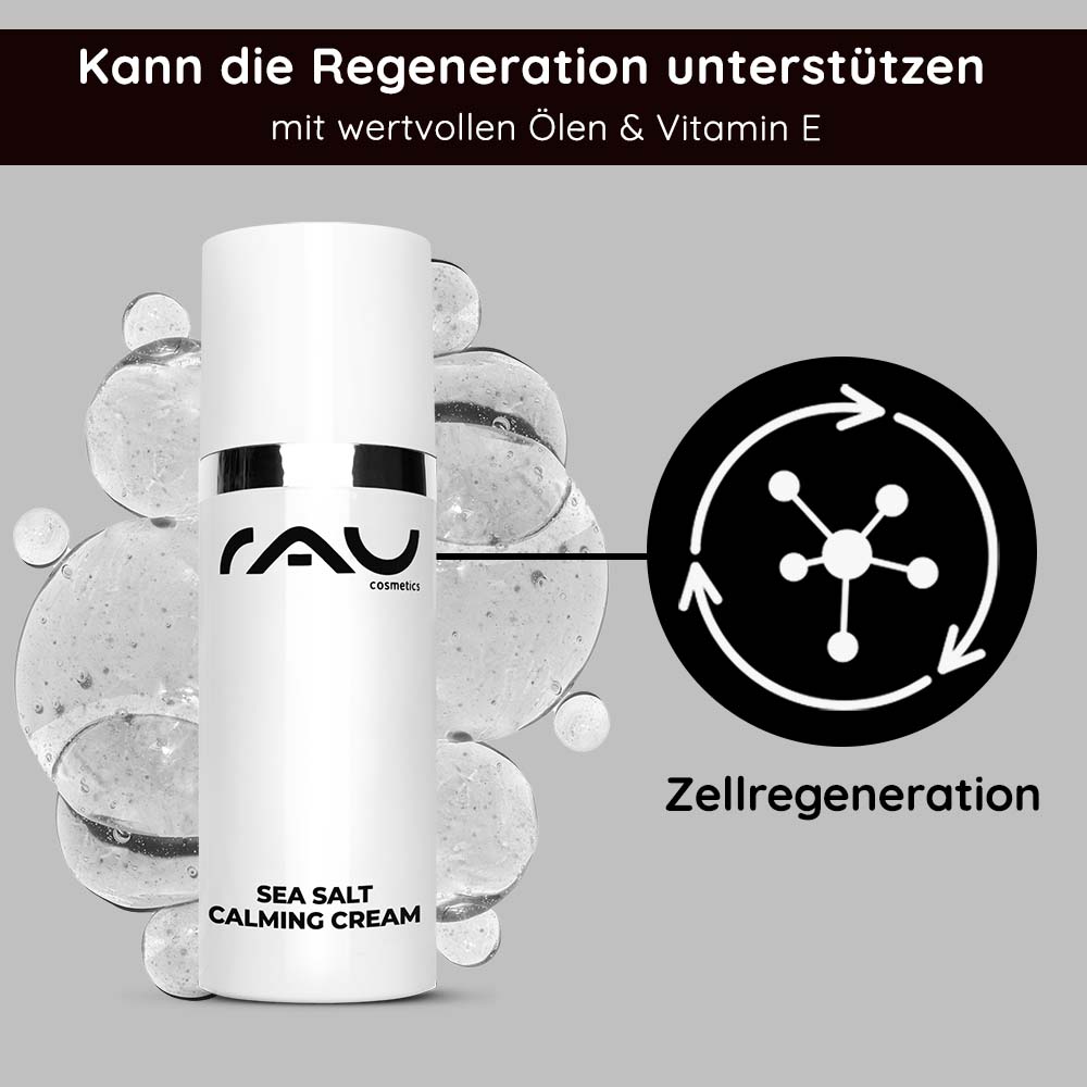 Sea Salt Calming Cream 50 ml Face Cream with Sea Salt Flasche der Sea Salt Calming Cream von RAU Cosmetics mit feuchtigkeitsspendenden Inhaltsstoffen, mit einer Grafik, die die Zellregeneration vor einem Hintergrund aus Blasen veranschaulicht.