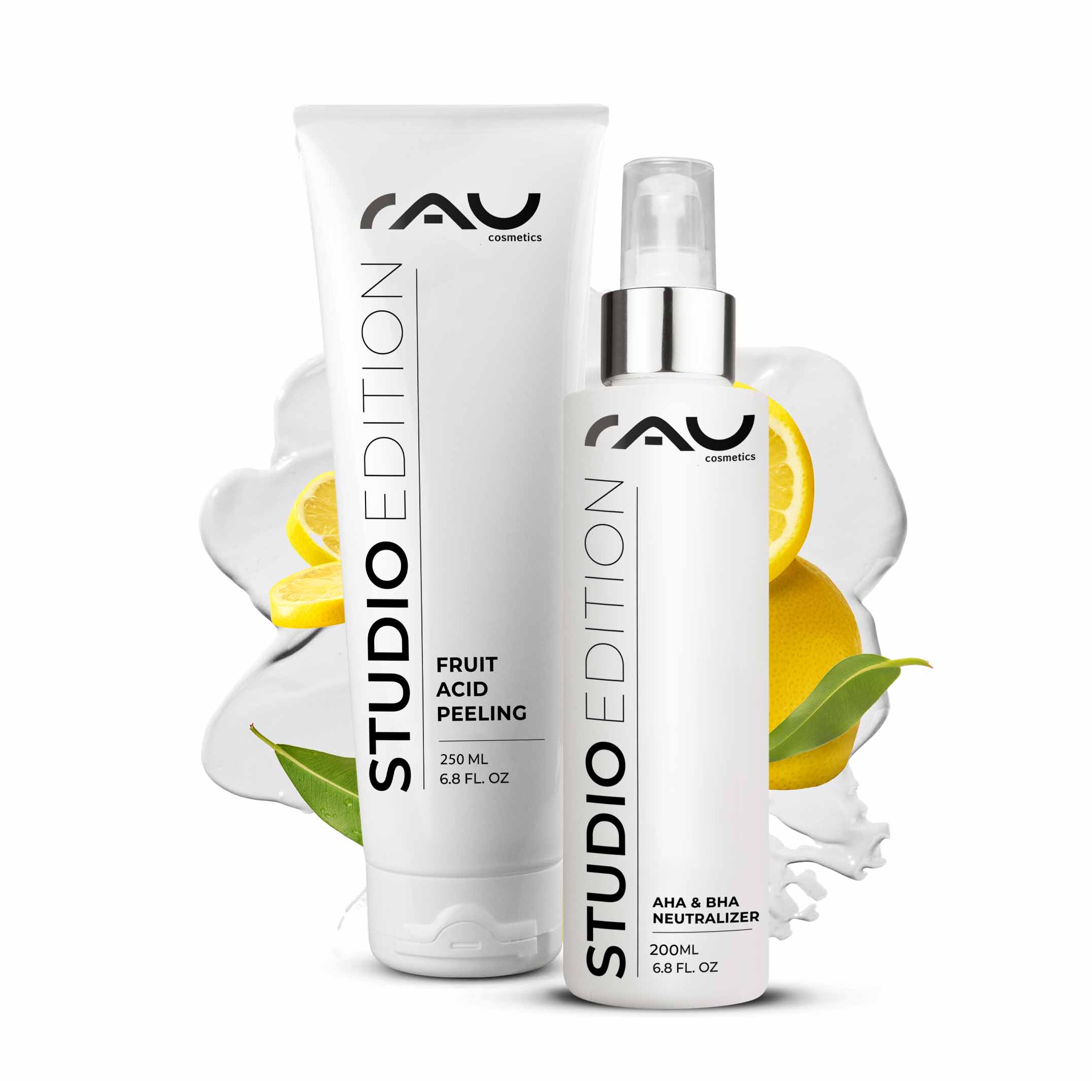 Fruchtsäurepeeling Set von RAU Cosmetics, 250 ml und 200 ml AHA & BHA Neutralisierer, mit Zitrusfrüchten und grünen Blättern, Studio Edition.